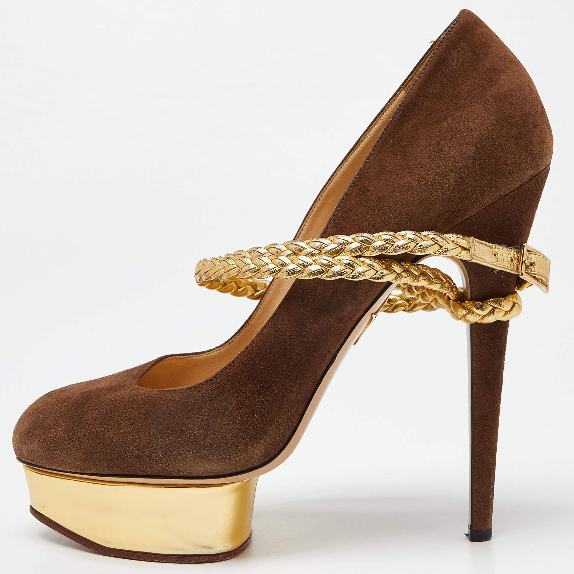 Pre Owned Charlotte Olympia Brown/Gold Suede Dolly Platform Pumps Size 42