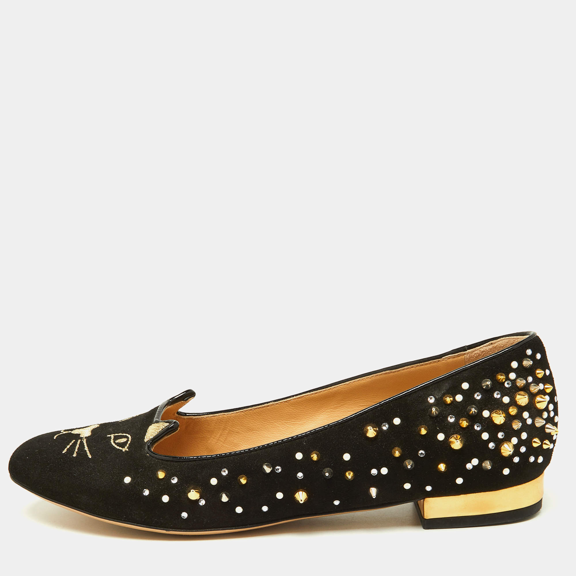Pre Owned Charlotte Olympia Black Suede Kitty Spikes Ballet Flats Size 37.5