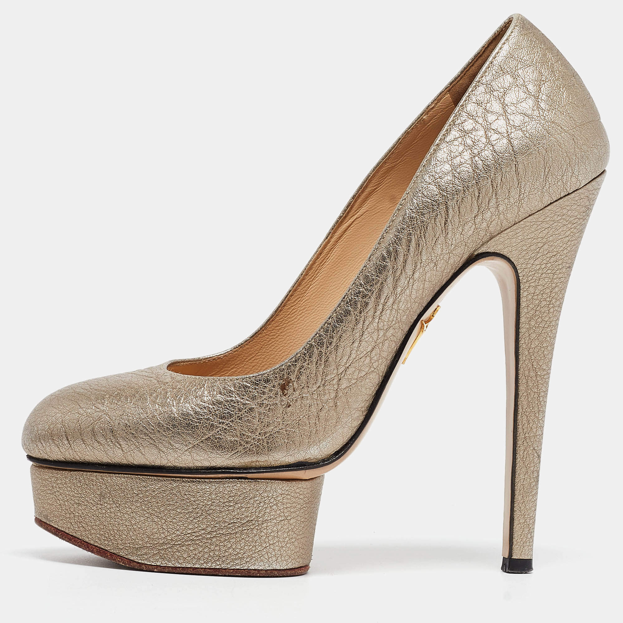 Pre Owned Charlotte Olympia Gold Leather Platform Pumps Size 36