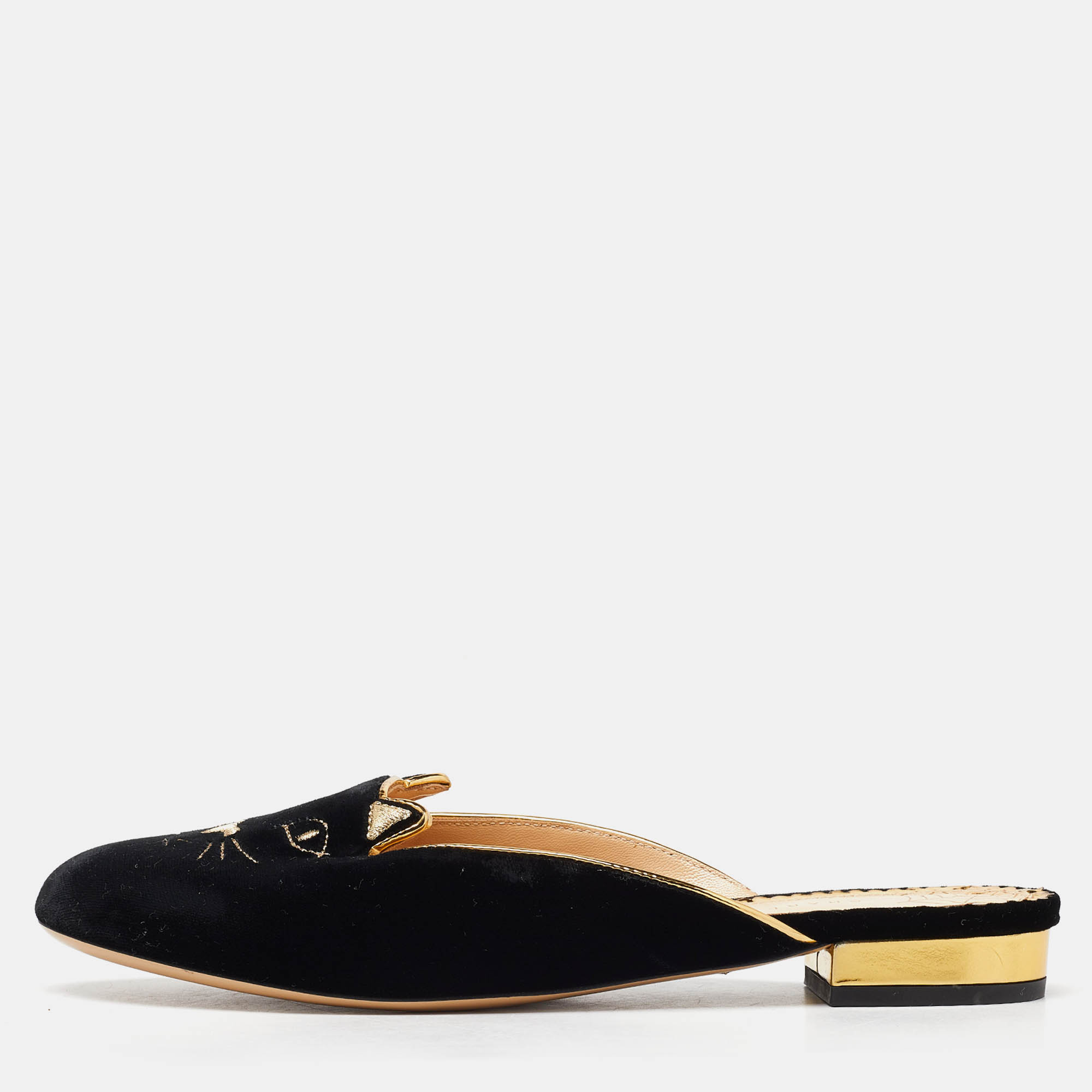 Charlotte Olympia Black Velvet Kitty Slip On Flat Mules Size 38.5