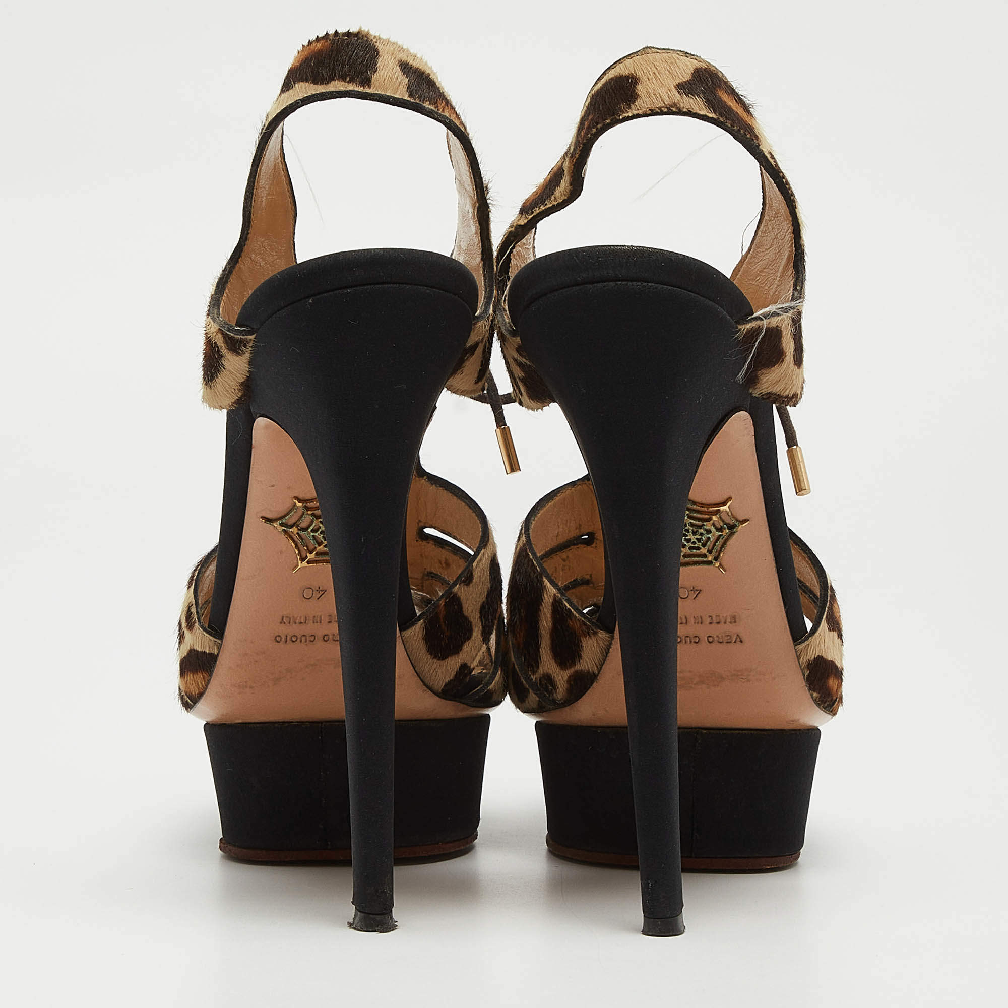 Pre Owned Charlotte Olympia Beige/Brown Leopard Calf hair Lace Up Platform Sandals Size 40