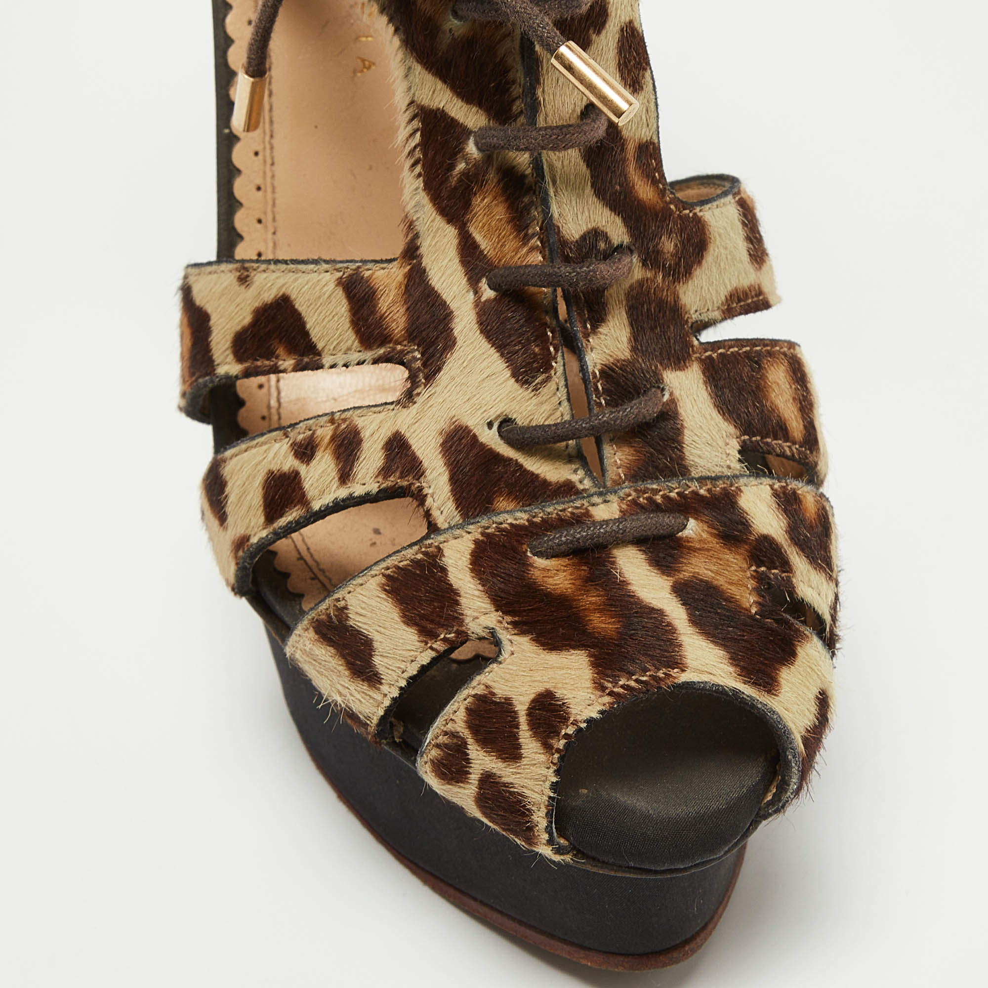 Pre Owned Charlotte Olympia Beige/Brown Leopard Calf hair Lace Up Platform Sandals Size 40