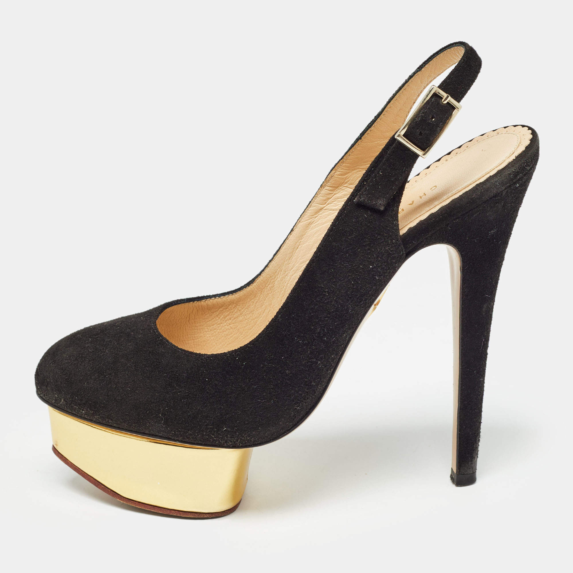مملوكة مسبقًا Charlotte Olympia Black Suede Dolly Pumps Size 36.5