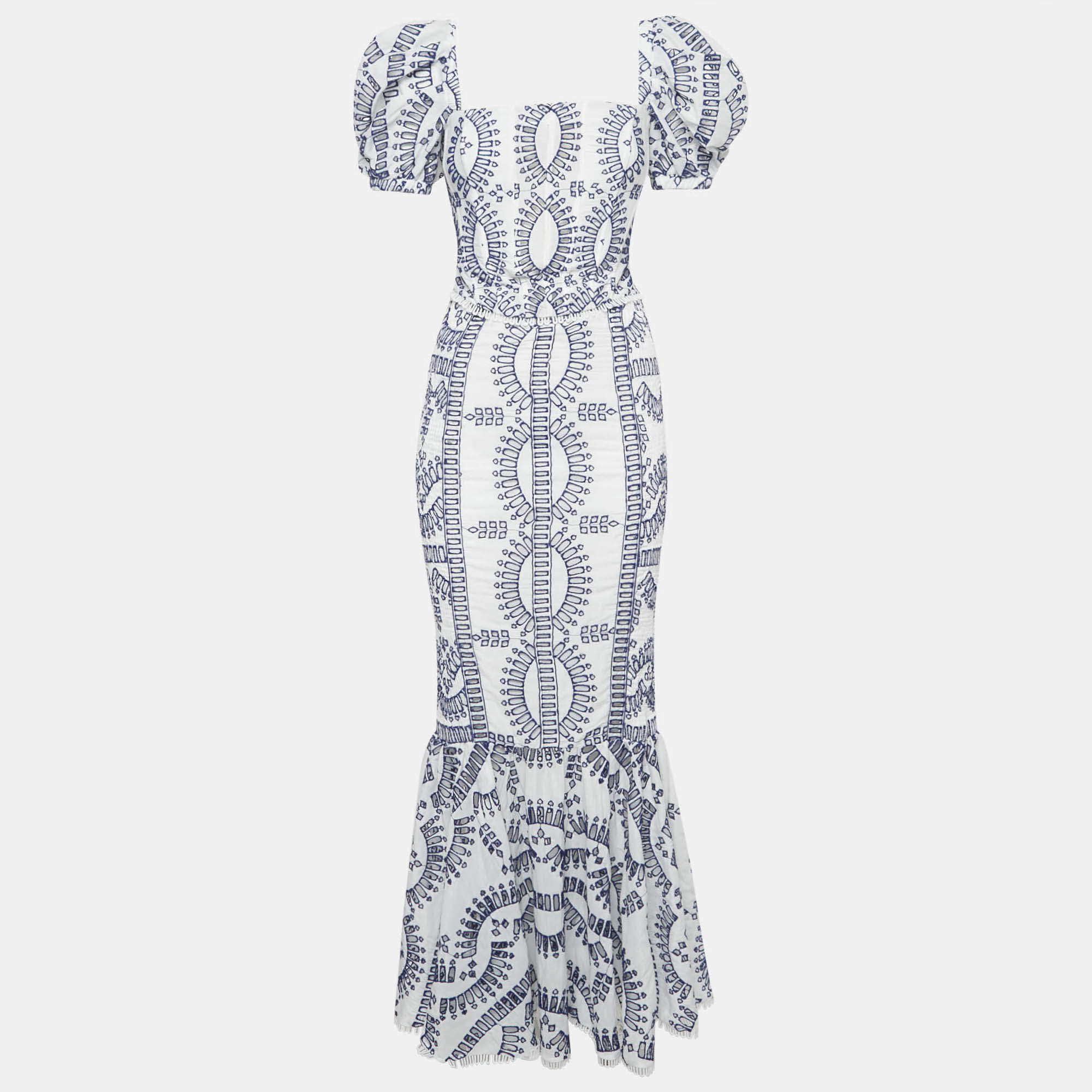 Pre Owned Charo Ruiz White/Blue Broderie Anglaise Shirring Top and Skirt Set S