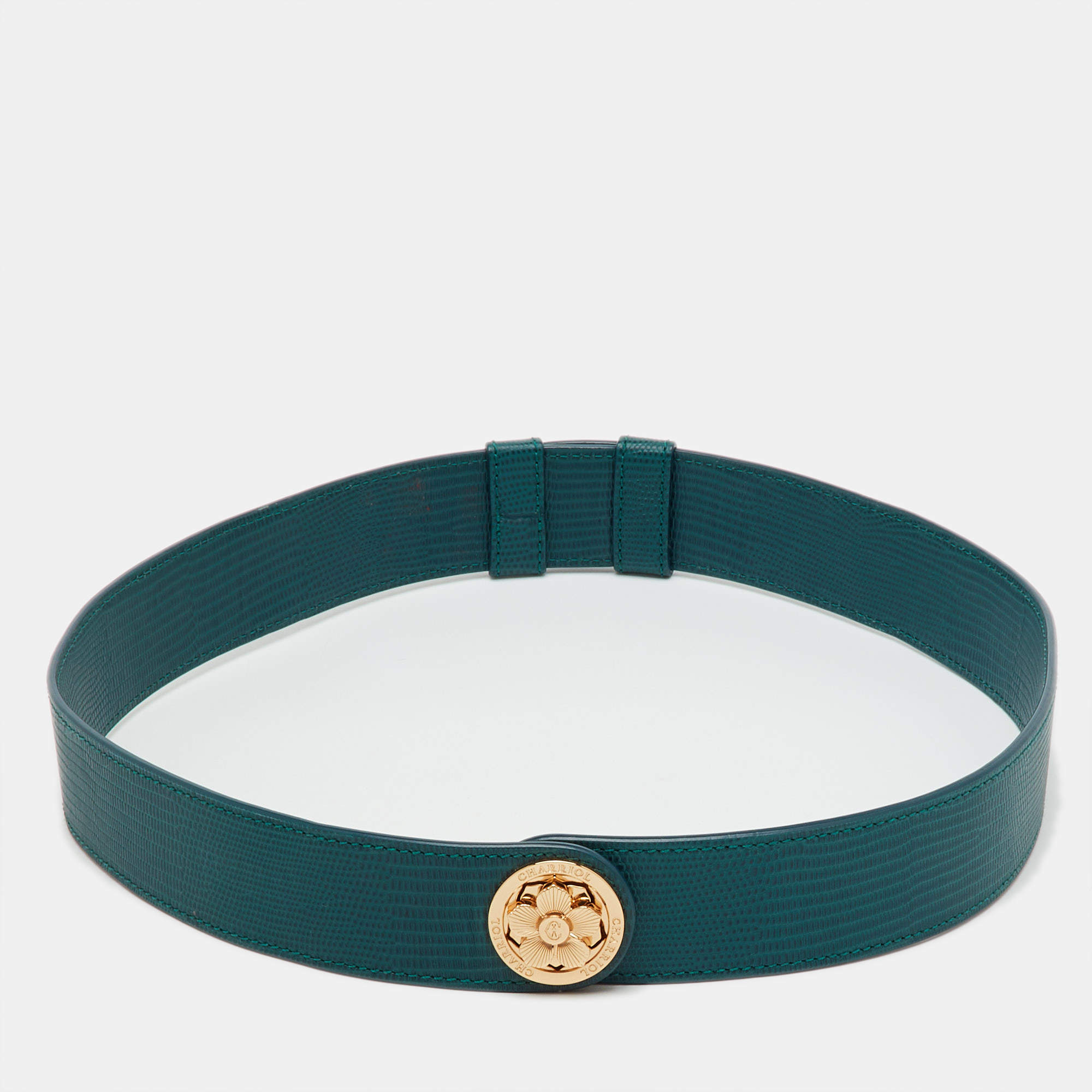 Pre Owned Charriol Green Leather Logo Waist Belt 85cm