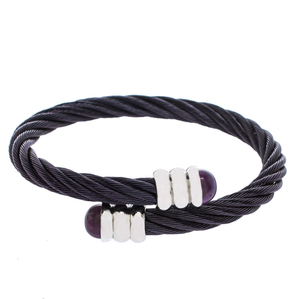 Pre Owned Charriol Celtic Amethyst Prune PVD Steel Twisted Cable Adjustable Bypass Bracelet
