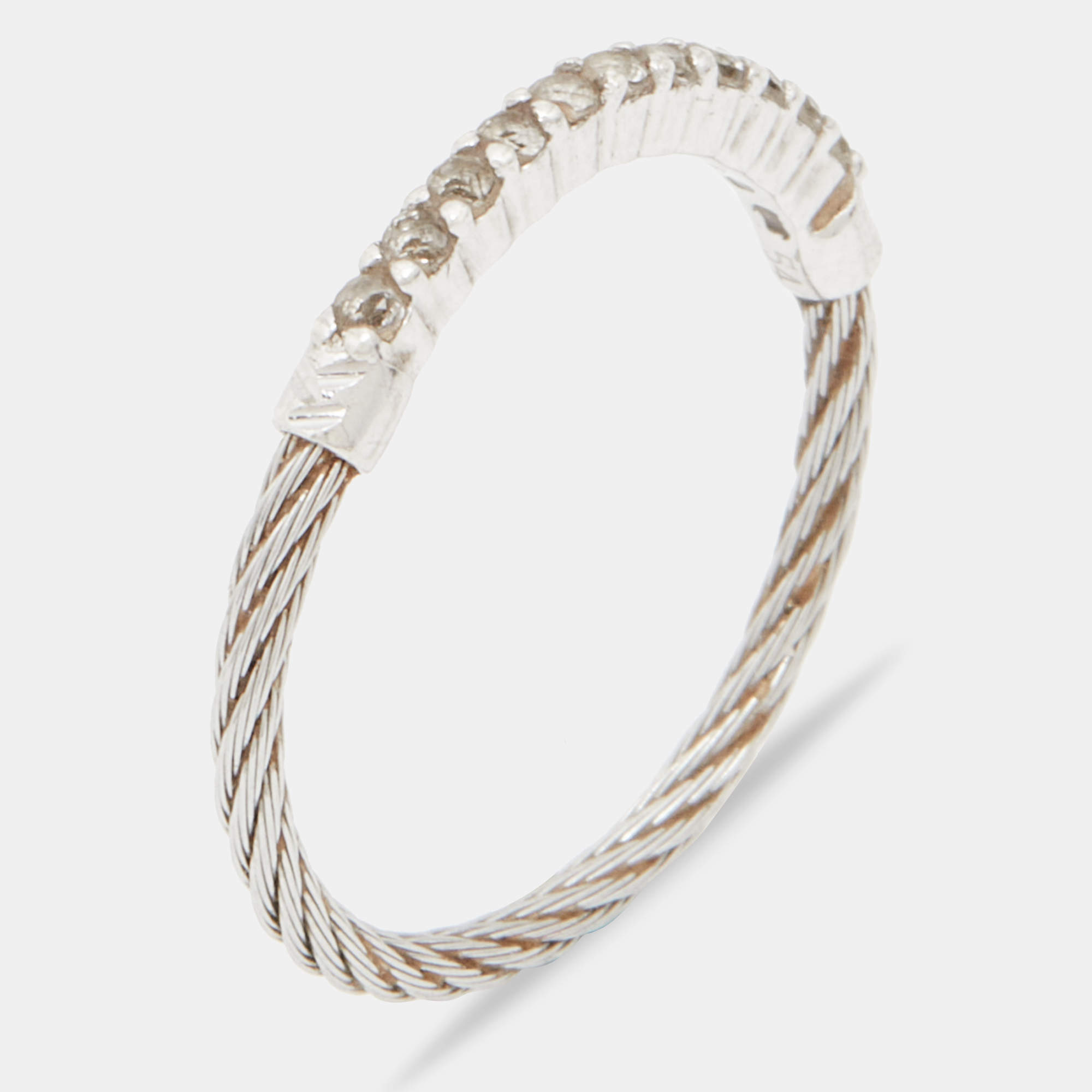 Pre Owned Charriol Silver Tone Crystal Narrow Cable Ring Size 54