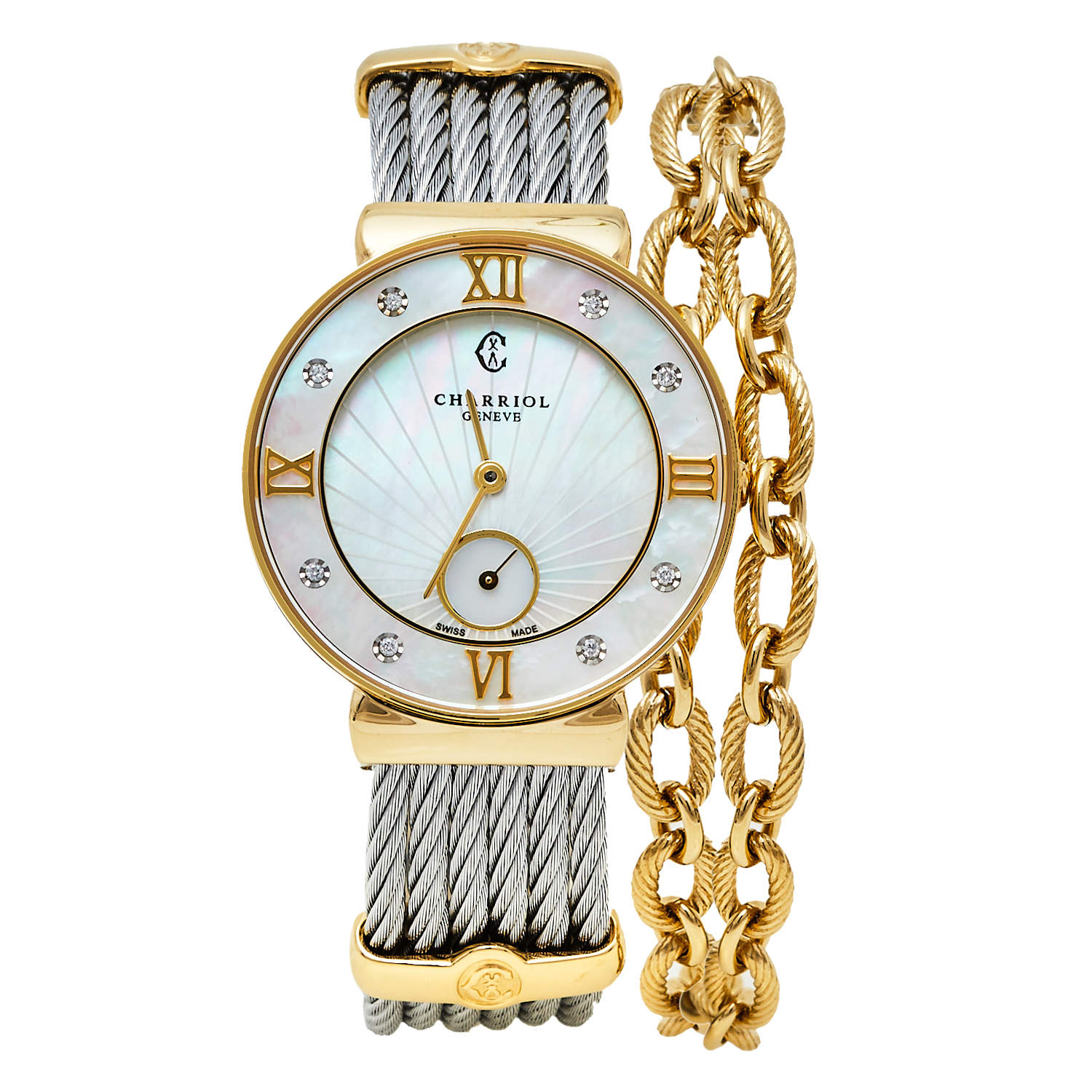 Pre Owned Charriol Mother Of Pearl Yellow Gold Plated Stainless Steel Diamonds ST-Tropez ST30.1 Women's Wristwatch 30 mm