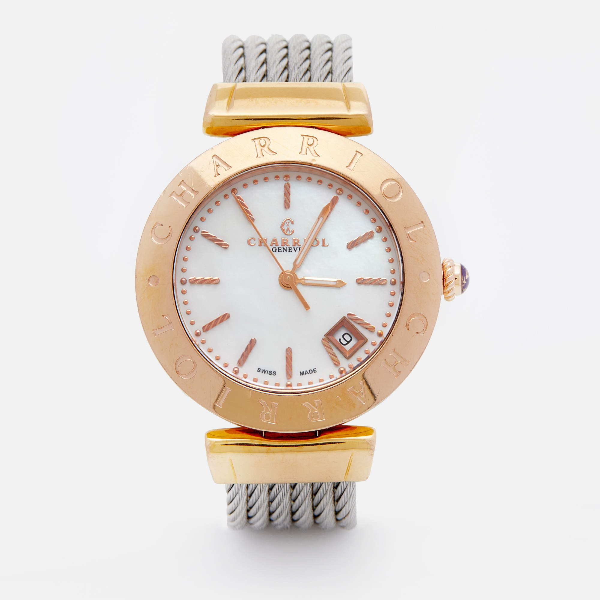 Pre Owned Charriol Mother Of Pearl Rose Gold Plated Stainless Steel Alexandre C Women's Wristwatch 34 mm