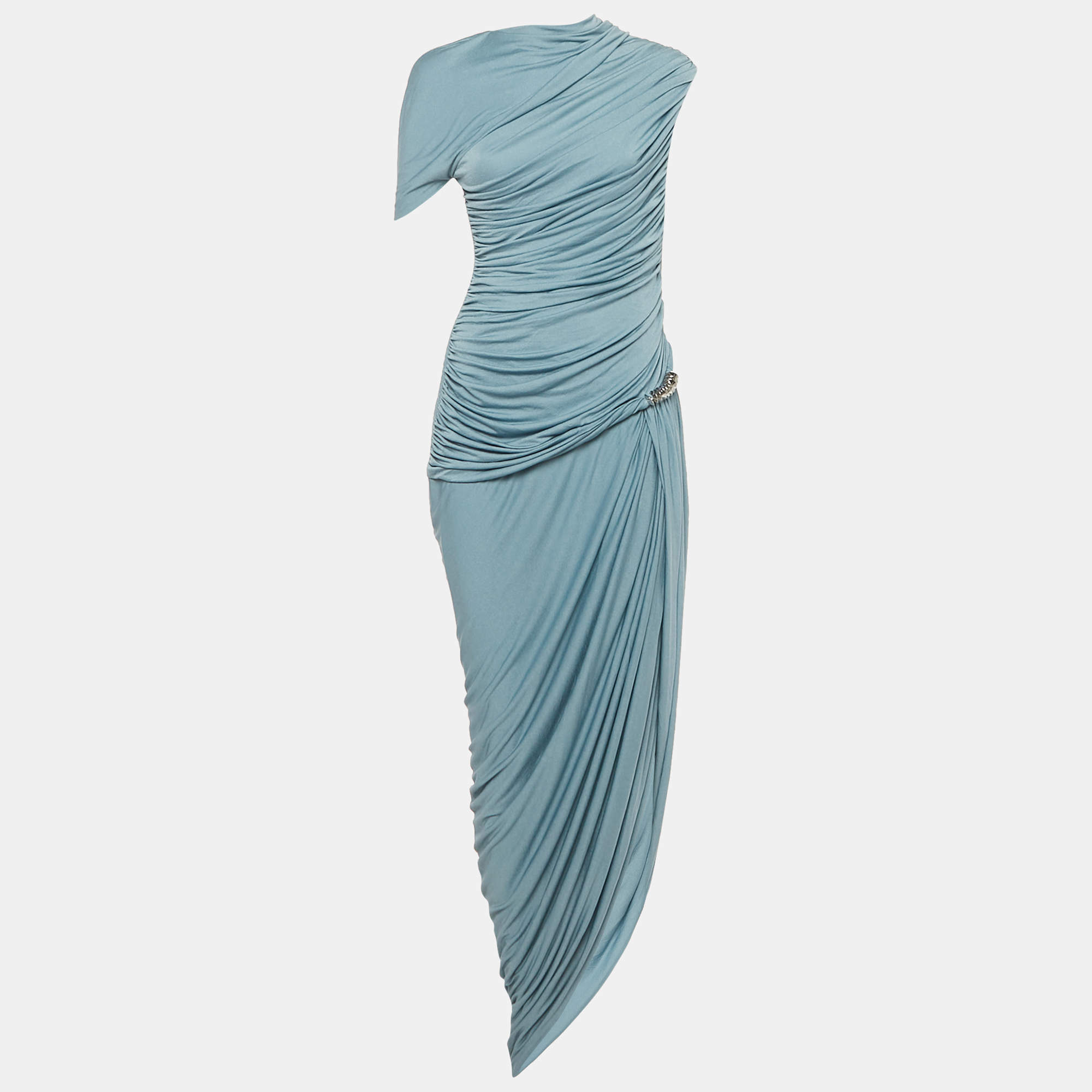 Pre Owned Chats By C.Dam Blue Jersey Rushed One Shoulder Maxi Dress M