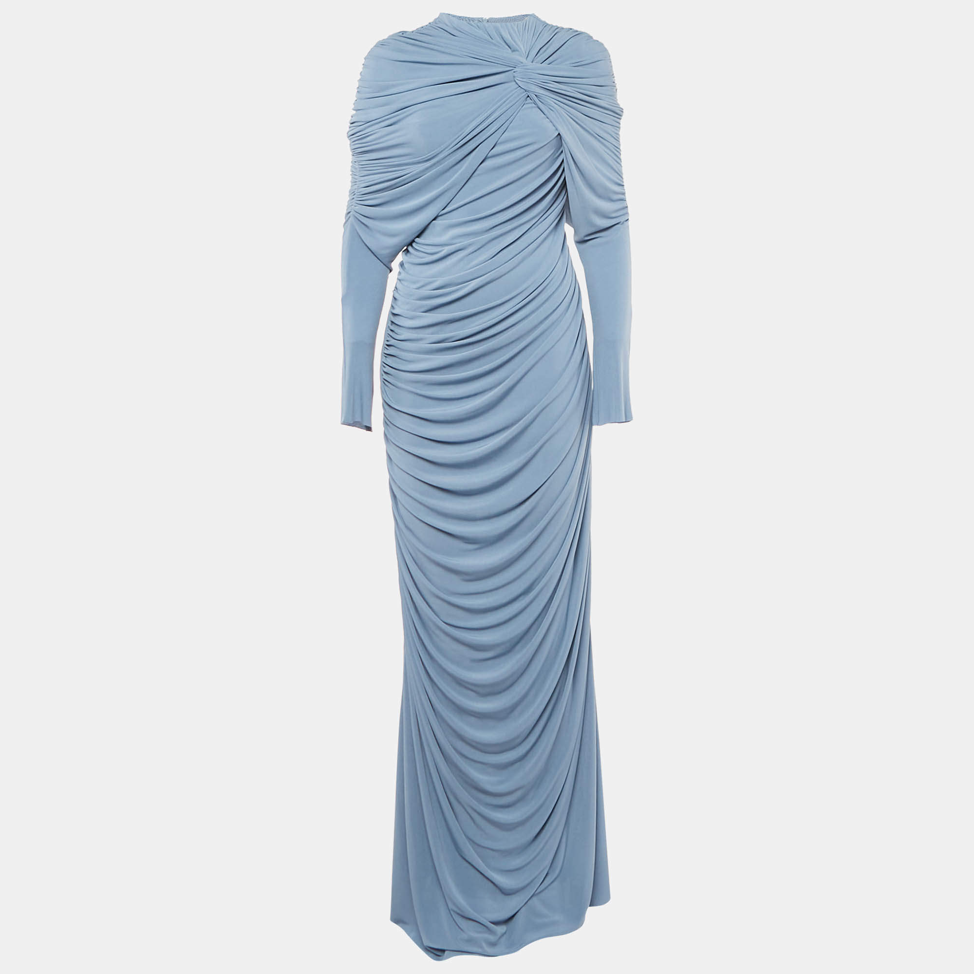 Pre Owned Chats By C.Dam Blue Jersey Draped Emera Maxi Dress S