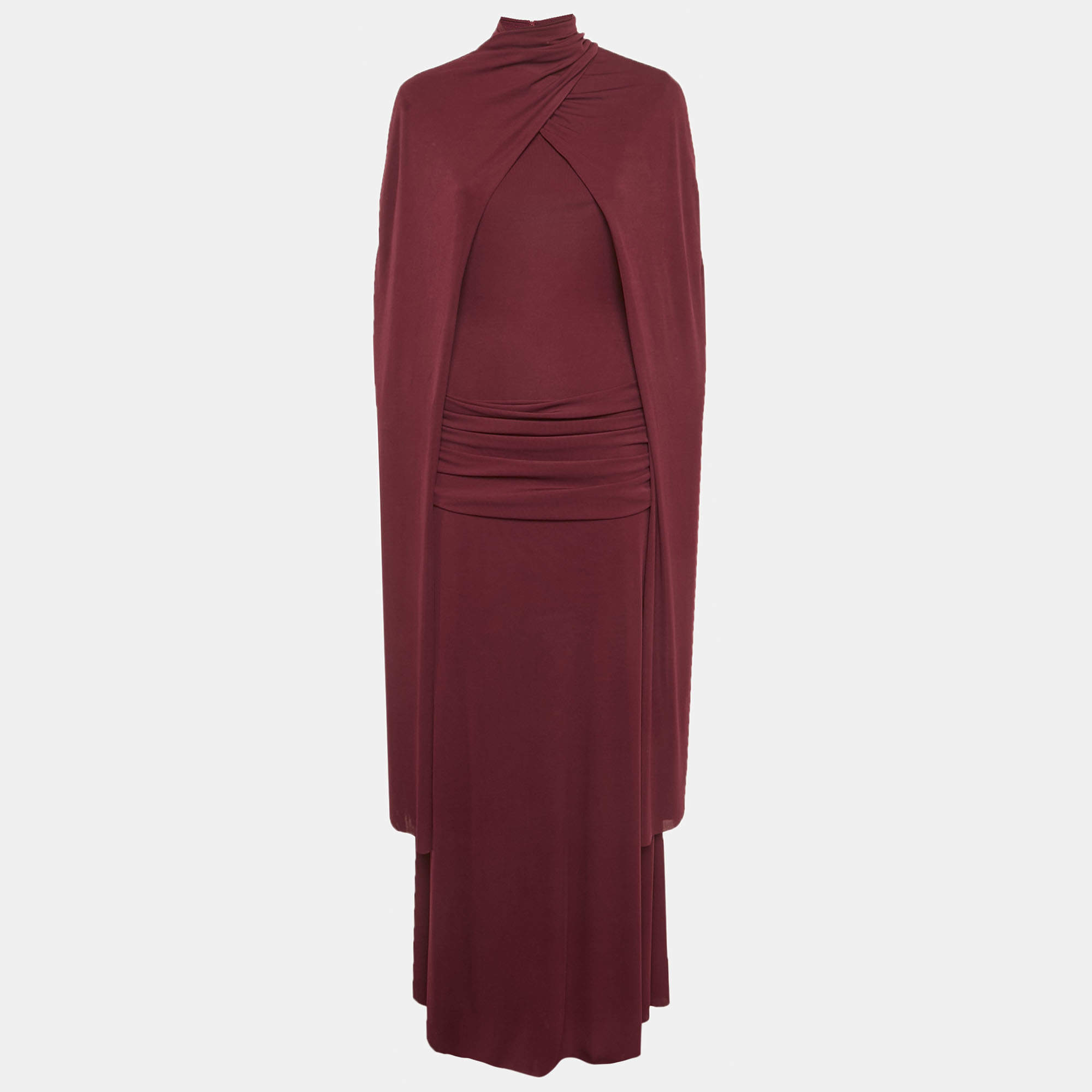 Pre Owned Chats By C.Dam Maroon Jersey Knit Cape Detail Valeris Maxi Dress S