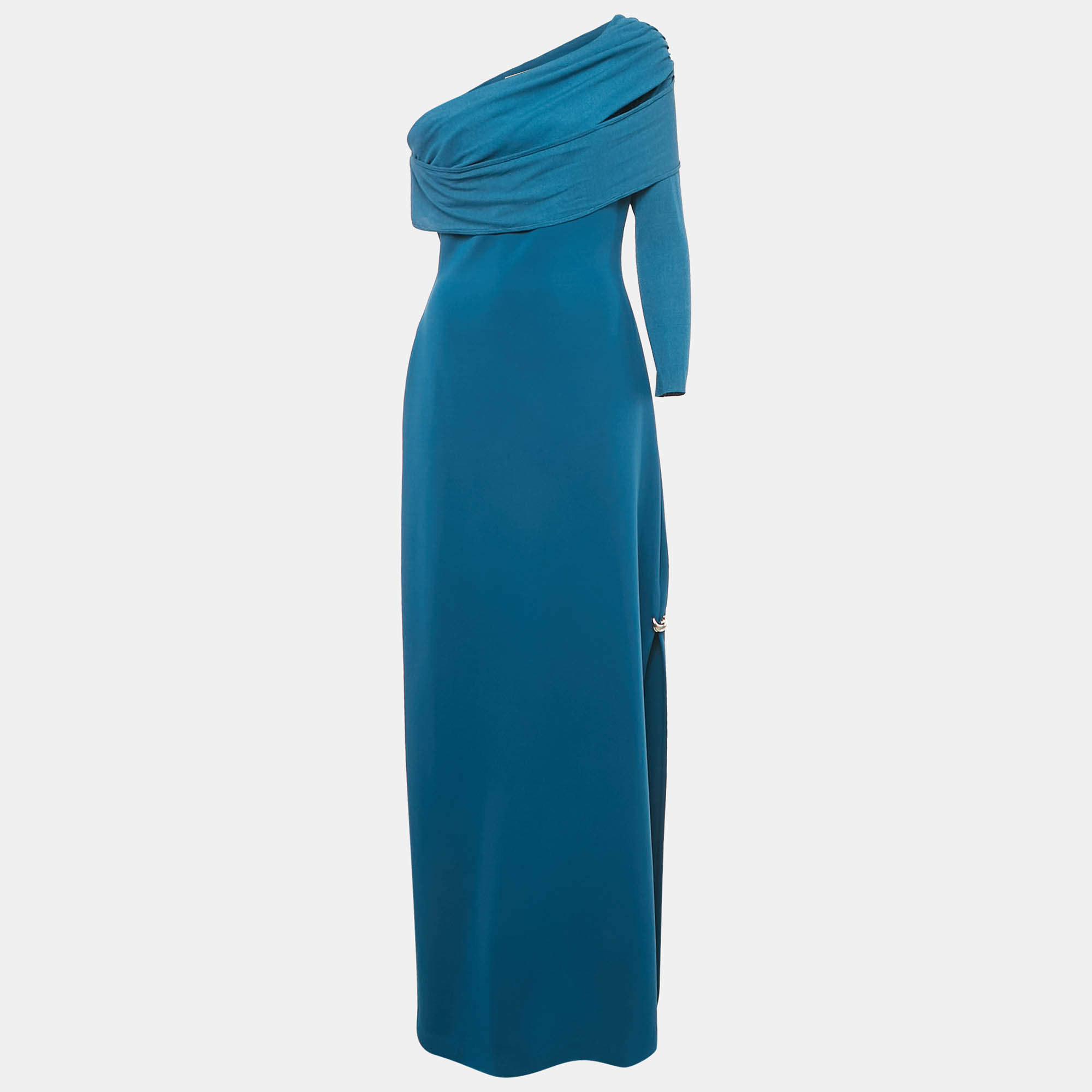 Pre Owned Chats By C.Dam Blue Jersey Draped Davi Maxi Dress S