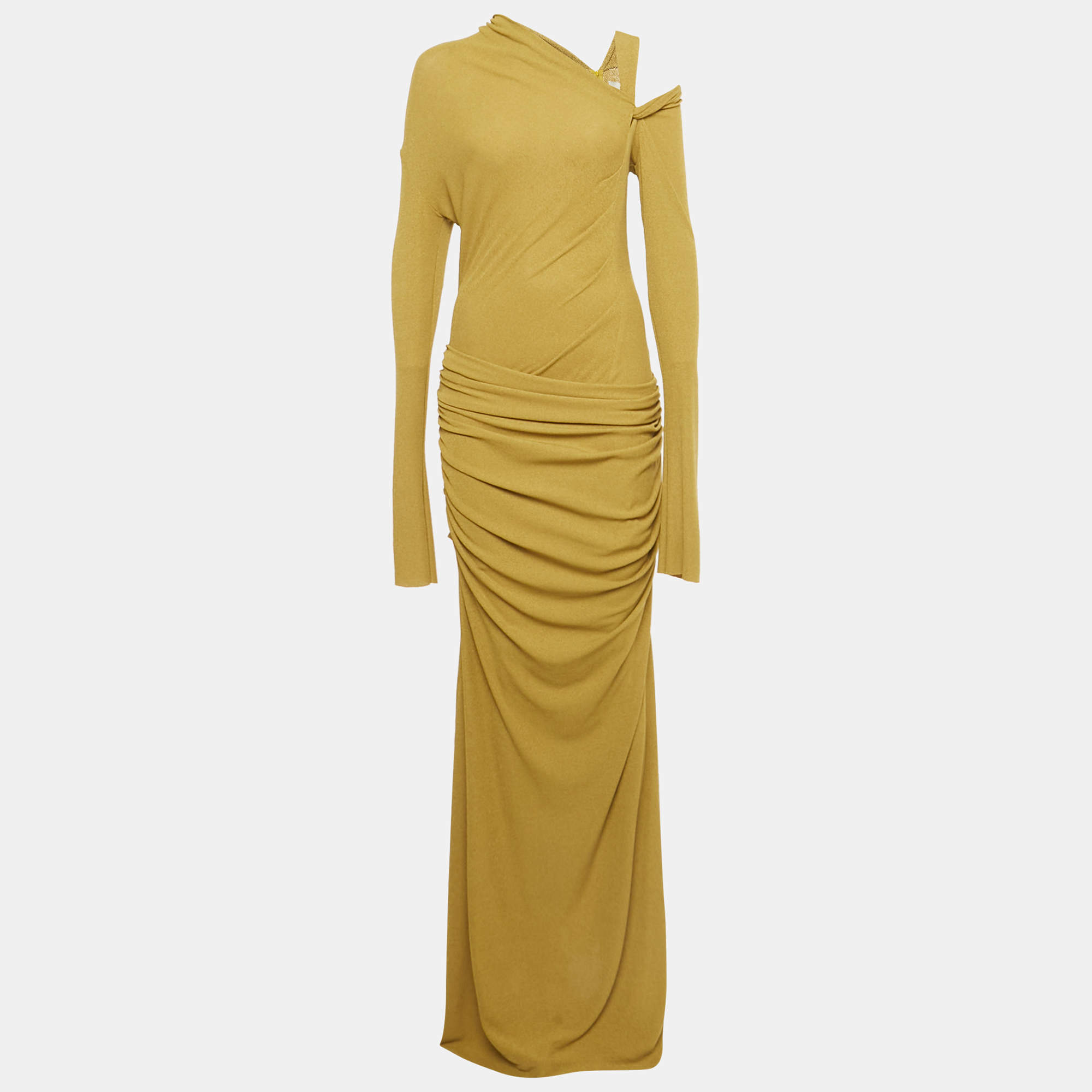 Pre Owned Chats By C.Dam Moss Green Ruched Jersey-Knit Midi Dress M