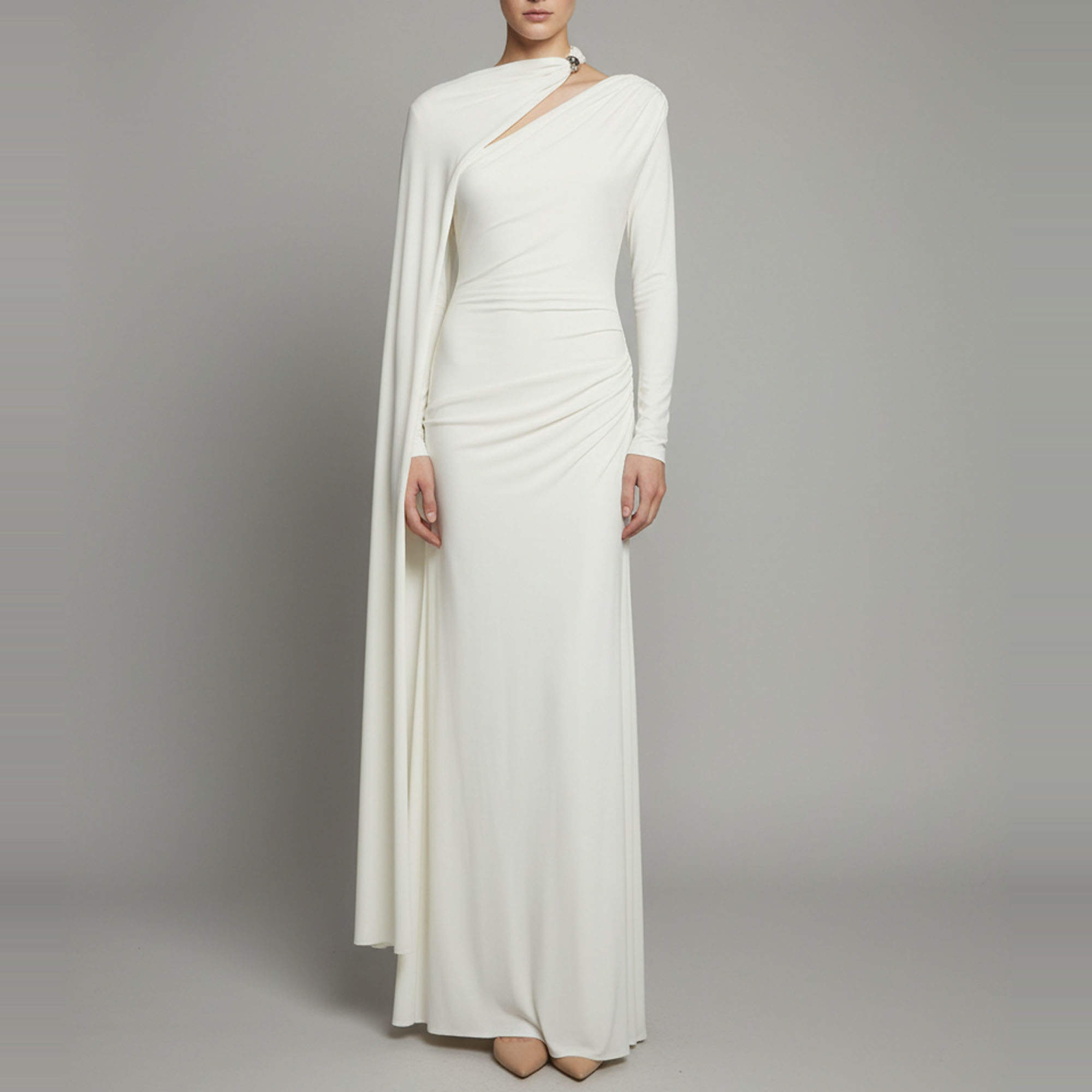 Pre Owned CHATS BY C.DAM Off White Draped Jersey Evana Cape-Sleeve Maxi Dress S