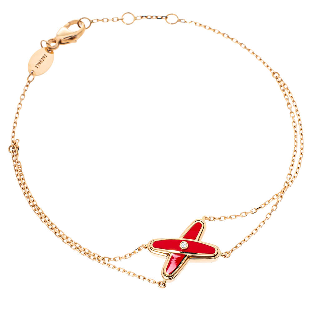 Chaumet Jeux de Liens Diamond Red Lacquer 18K Rose Gold Chain Link Bracelet