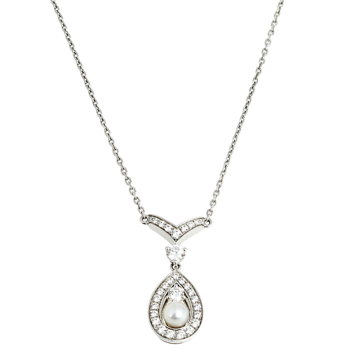 Pre Owned Chaumet Josephine Diamond Pearl 18K White Gold Pendant Necklace