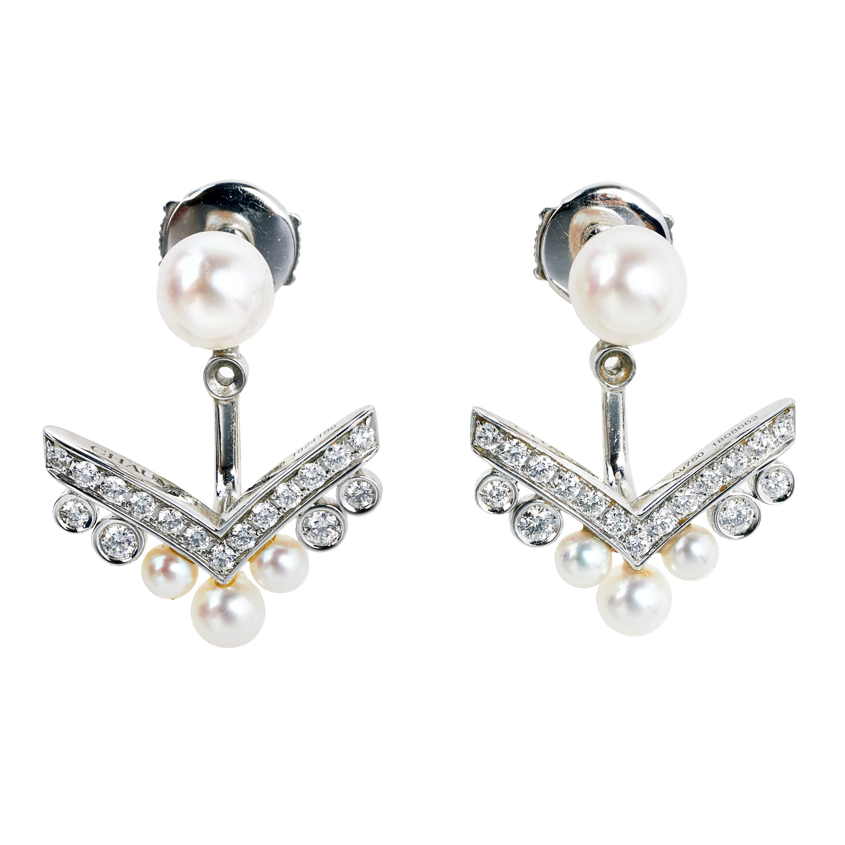 Chaumet Josephine Aigrette Diamond & Cultured Pearls 18k White Gold Earrings