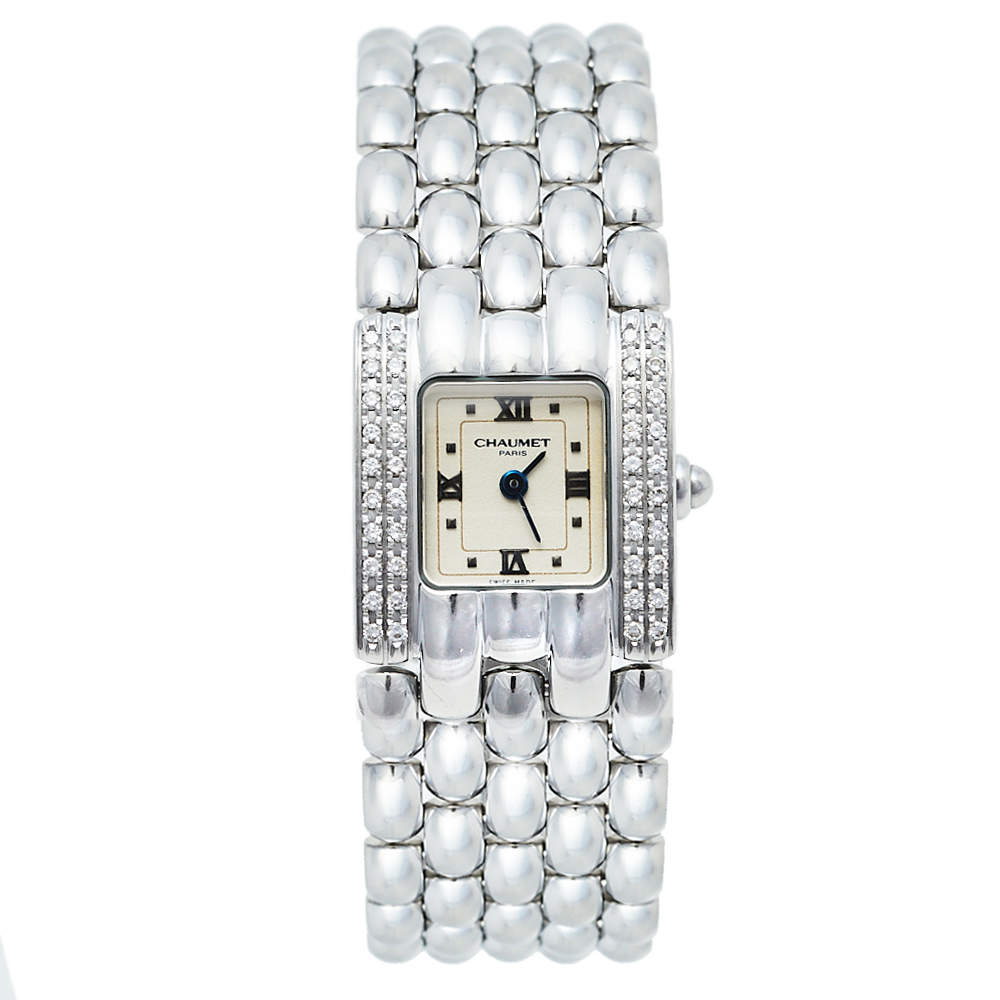 Chaumet Cream Stainless Steel Diamonds Khesis Quartz Women's Wristwatch 21 mm