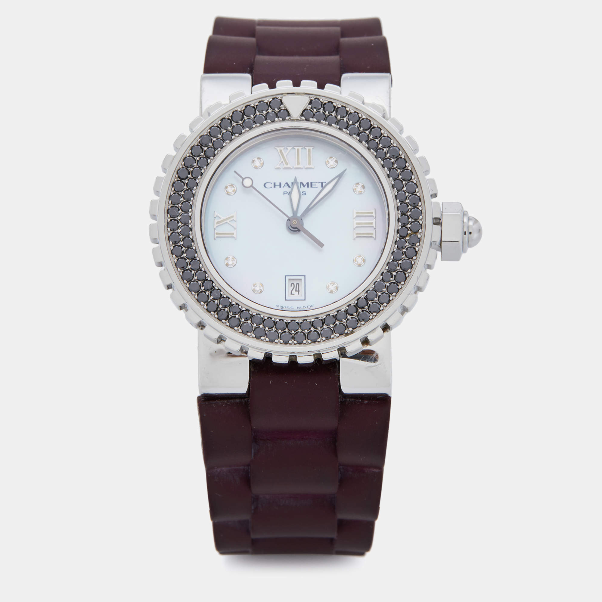 Pre Owned Chaumet Mother of Pearl Diamond Stainless Steel Rubber Class One 622 Women's Wristwatch 33 mm