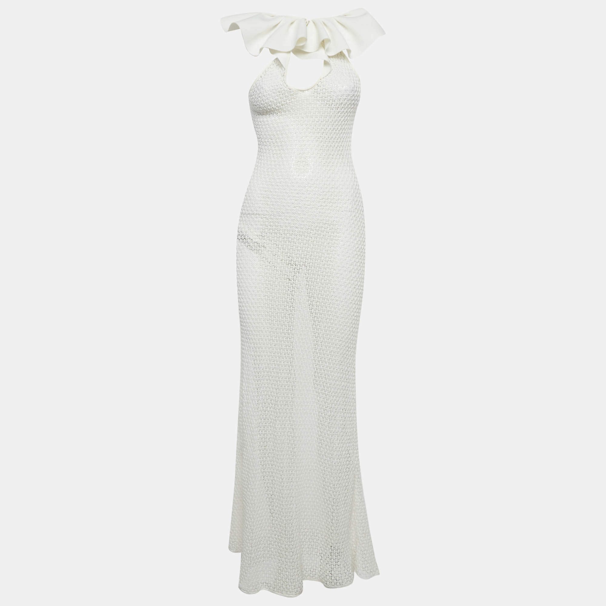 مملوكة مسبقًا Chio White Stretch Crochet Ruffled Sheer Maxi Dress S