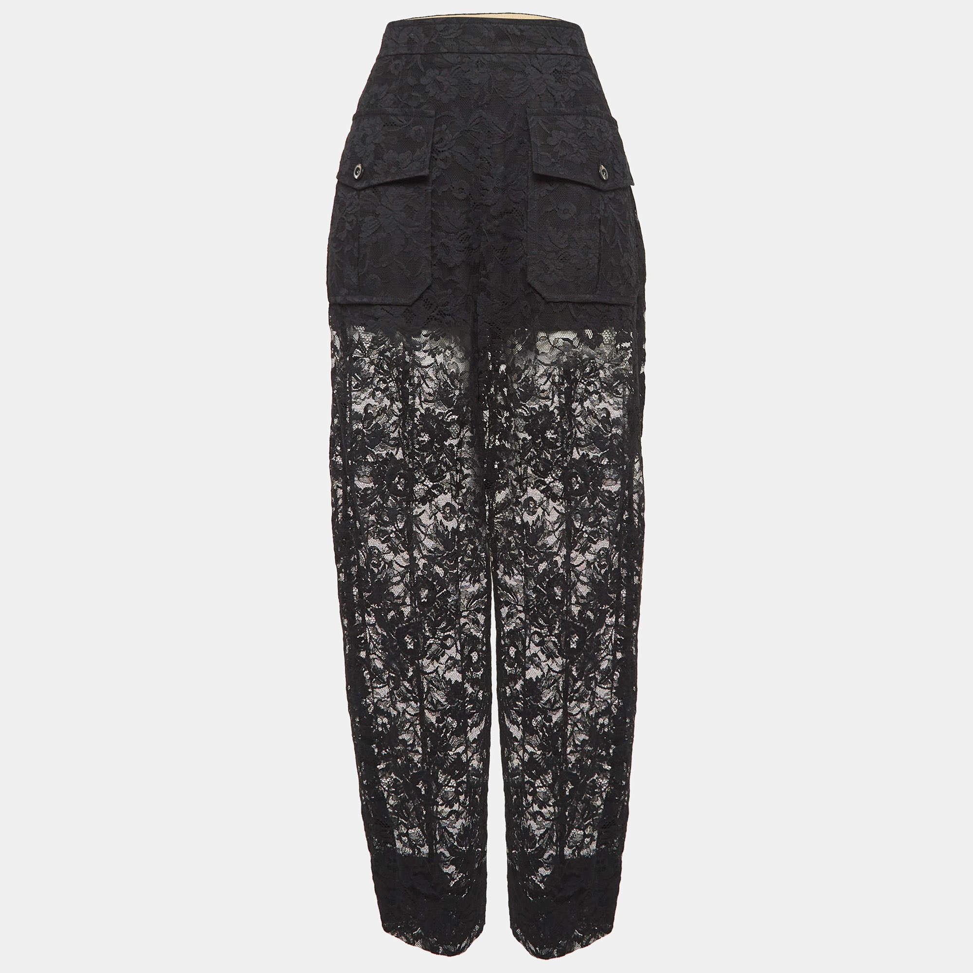 Chloe Black Floral Pattern Lace Sheer Trousers L