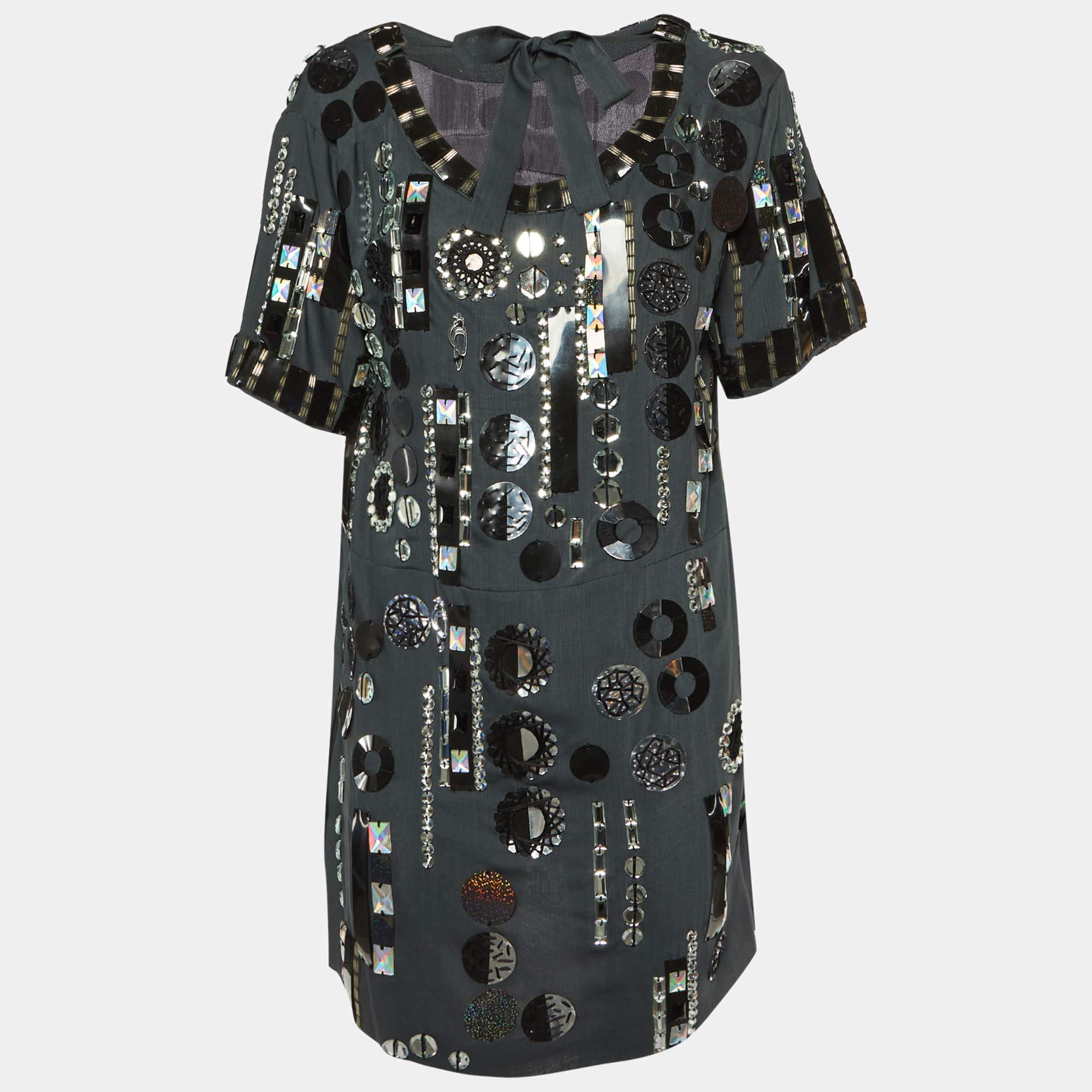 Chloe Ardoise Grey Wool Embellished Shift Dress M