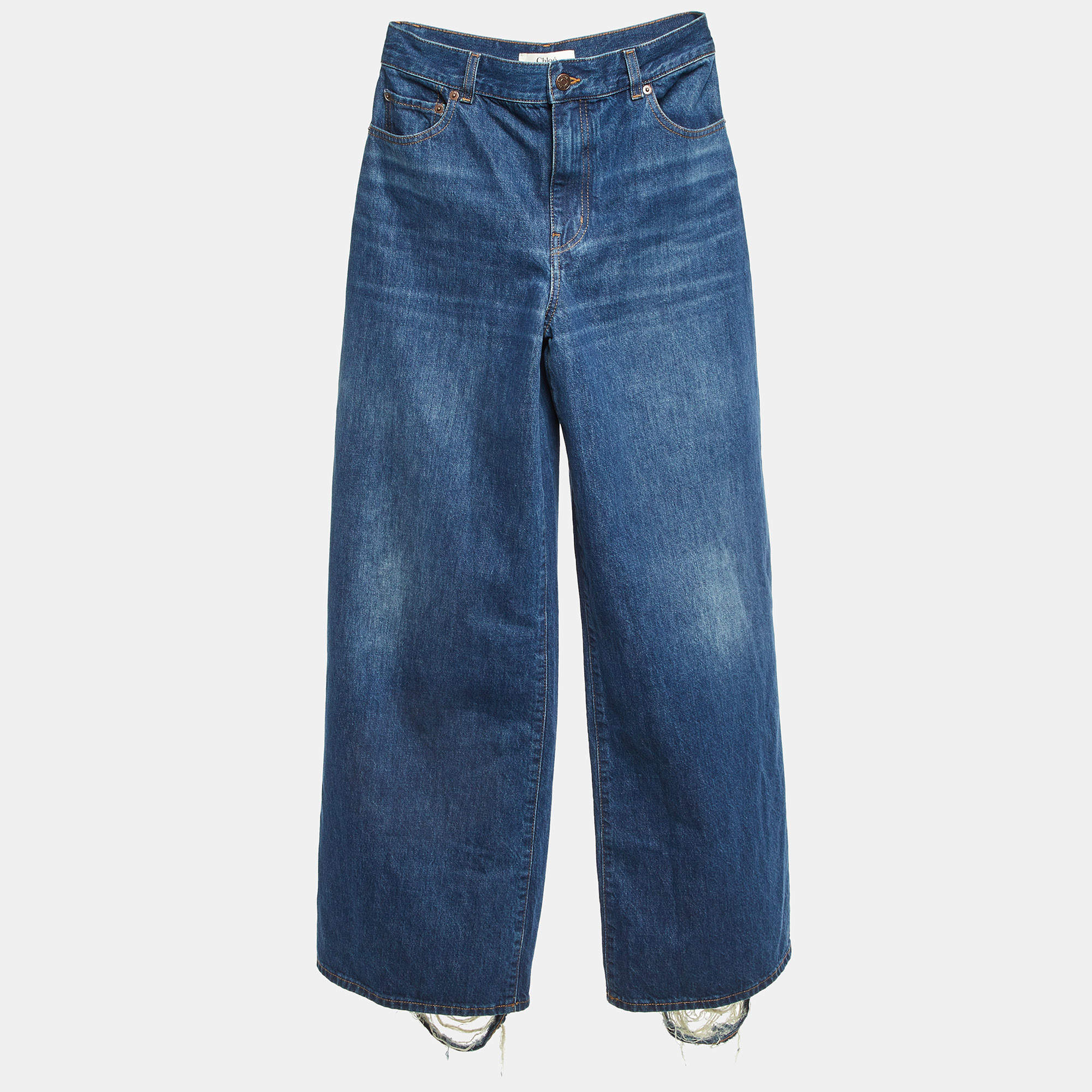 Pre Owned Chloe Blue Distressed Denim Flared Jeans S/Waist 29"