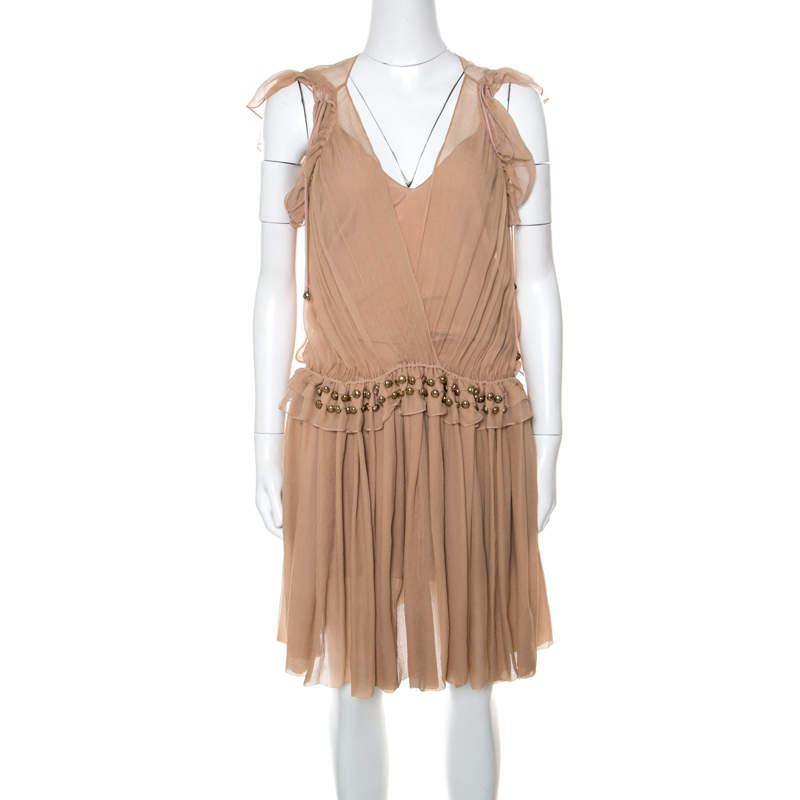 Pre Owned Chloe Pinky Beige Silk Crepon Pleated Embellished Dress S