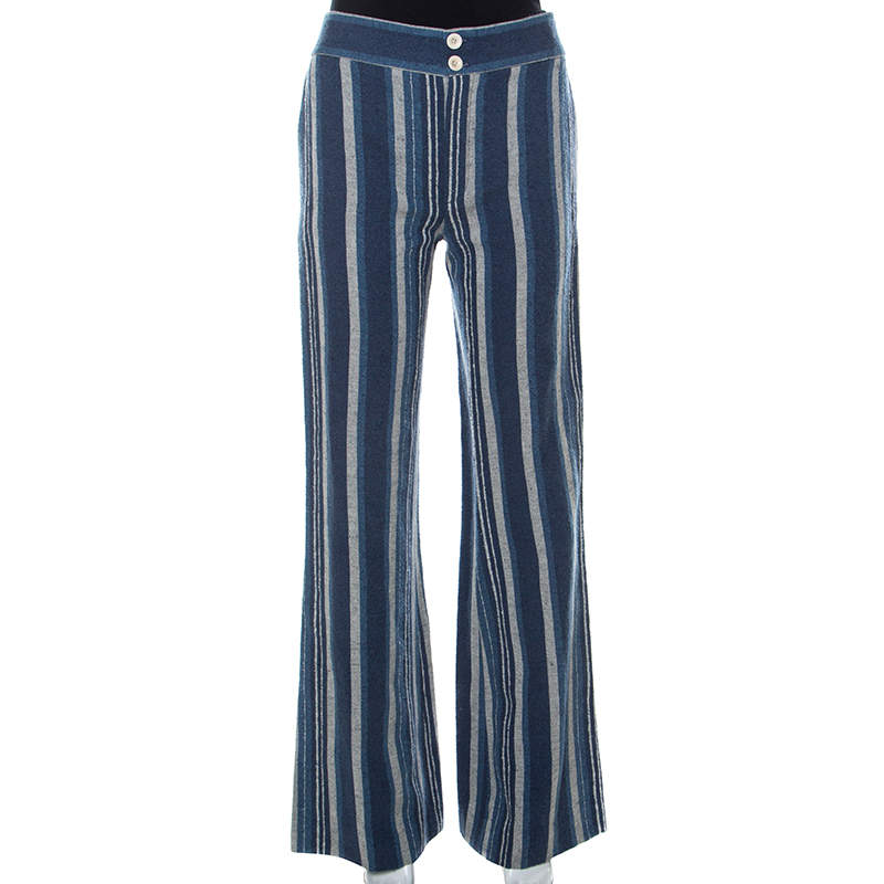 Pre Owned Chloe Blue Striped Cotton Canvas Wide Leg Trousers M