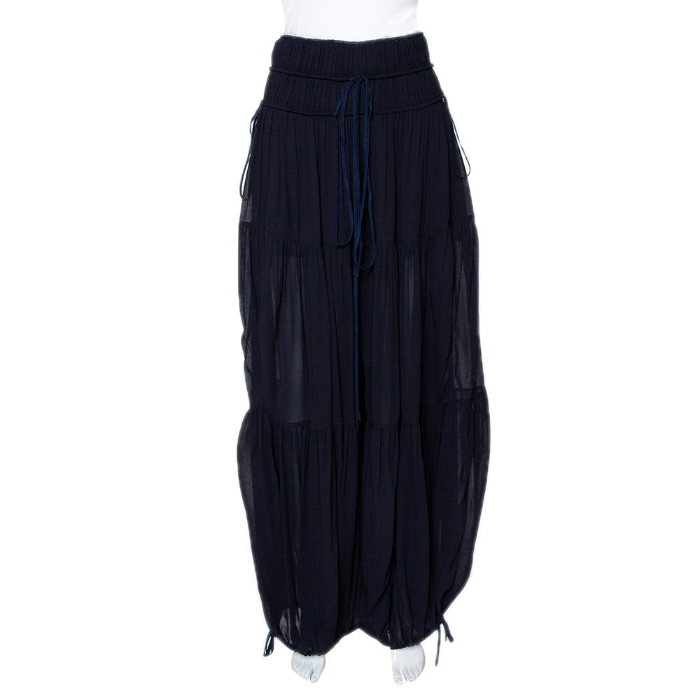 Pre Owned Chloe Navy Blue Crepe Gathered Wide Leg Pants M