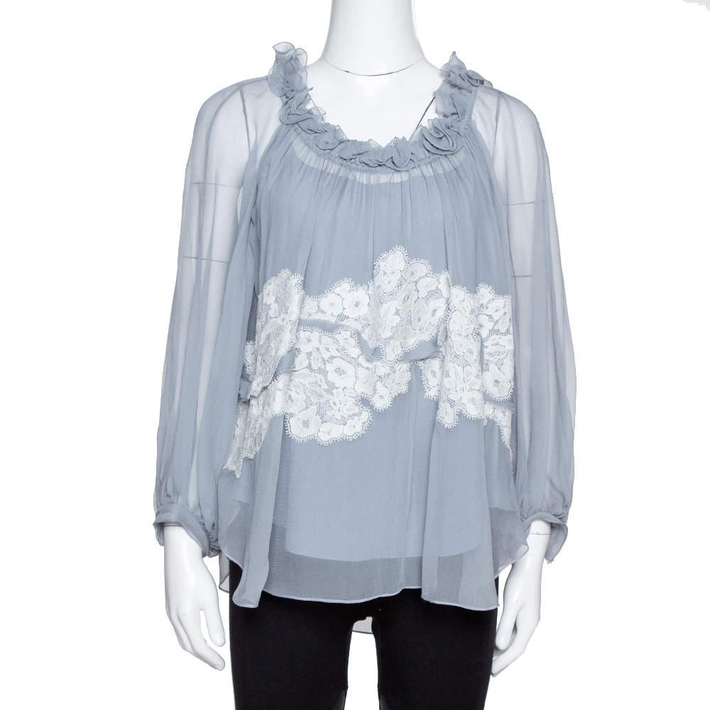 Pre Owned Chloe Grey Silk Crepon Lace Appliqued Ruffled Blouse S