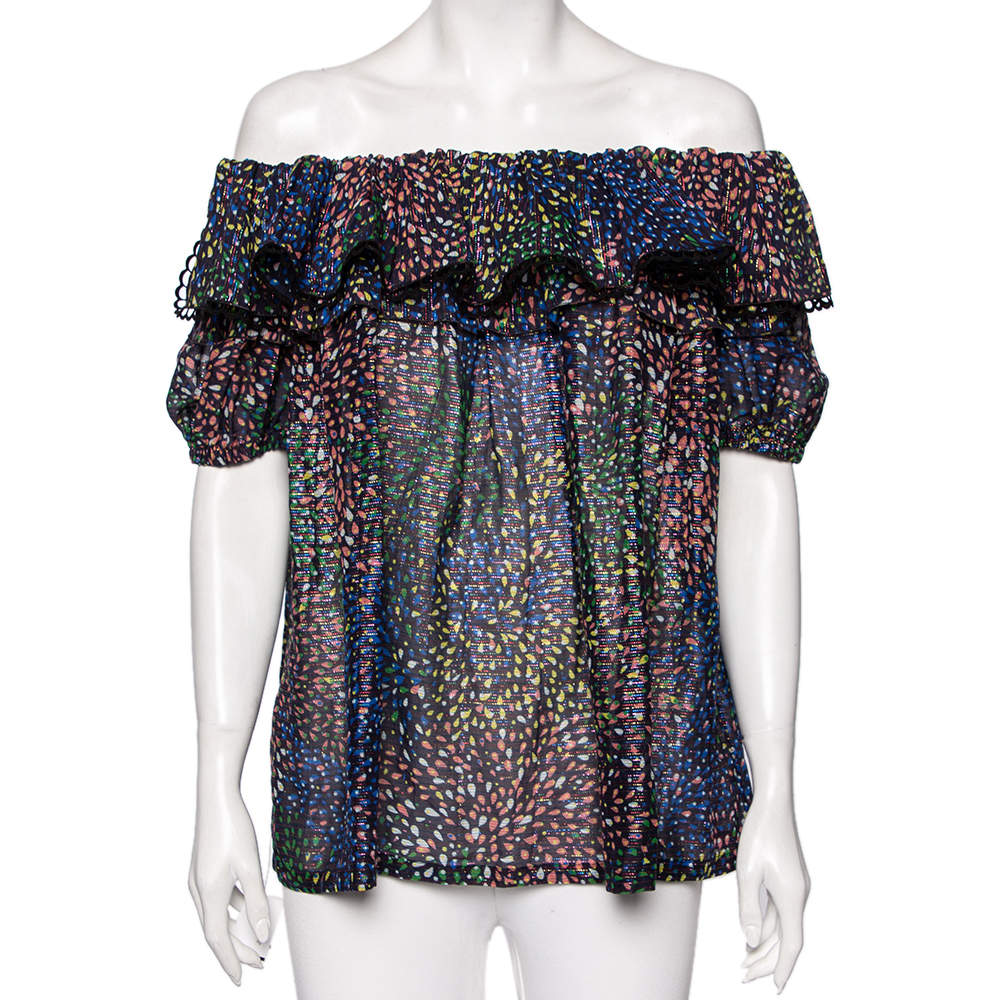 مملوكة مسبقًا Chloe Multicolored Printed Cotton & Lurex Striped Ruffled Off-Shoulder Top S