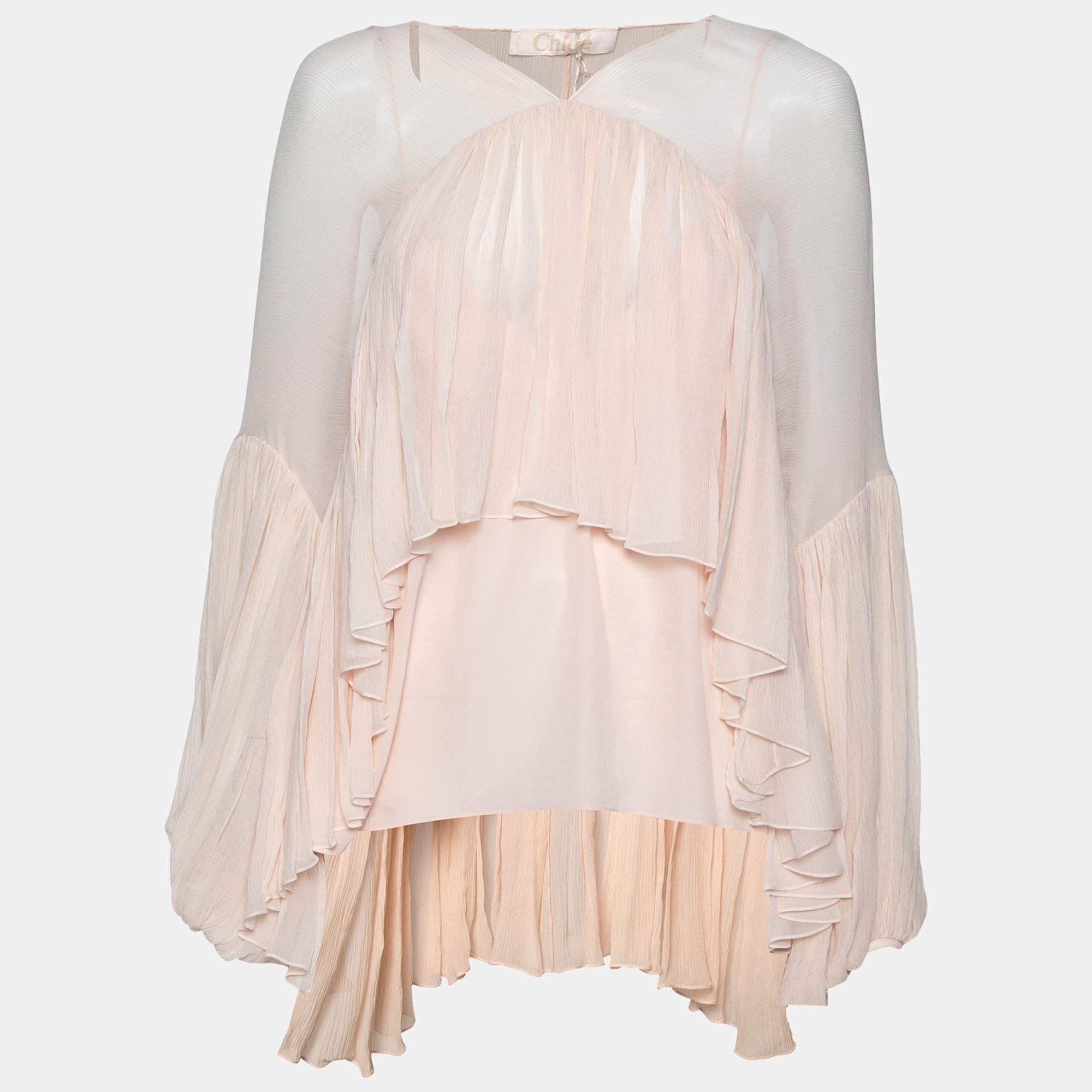 Pre Owned Chloe Powder Pink Silk Chiffon Gathered Asymmetric Blouse M