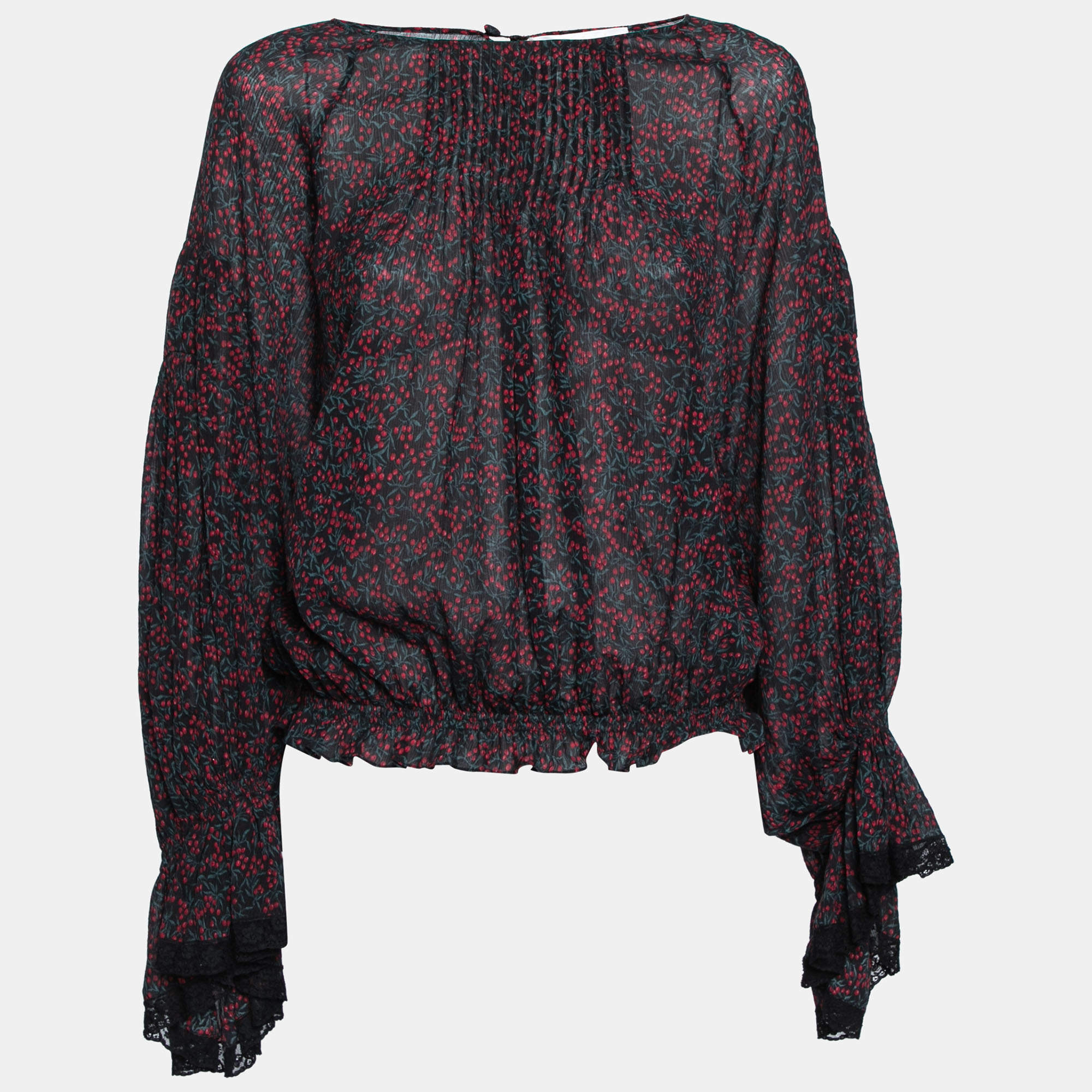 Pre Owned Chloe Black Printed Crinkled Cotton Lace Trim Detailed Top M