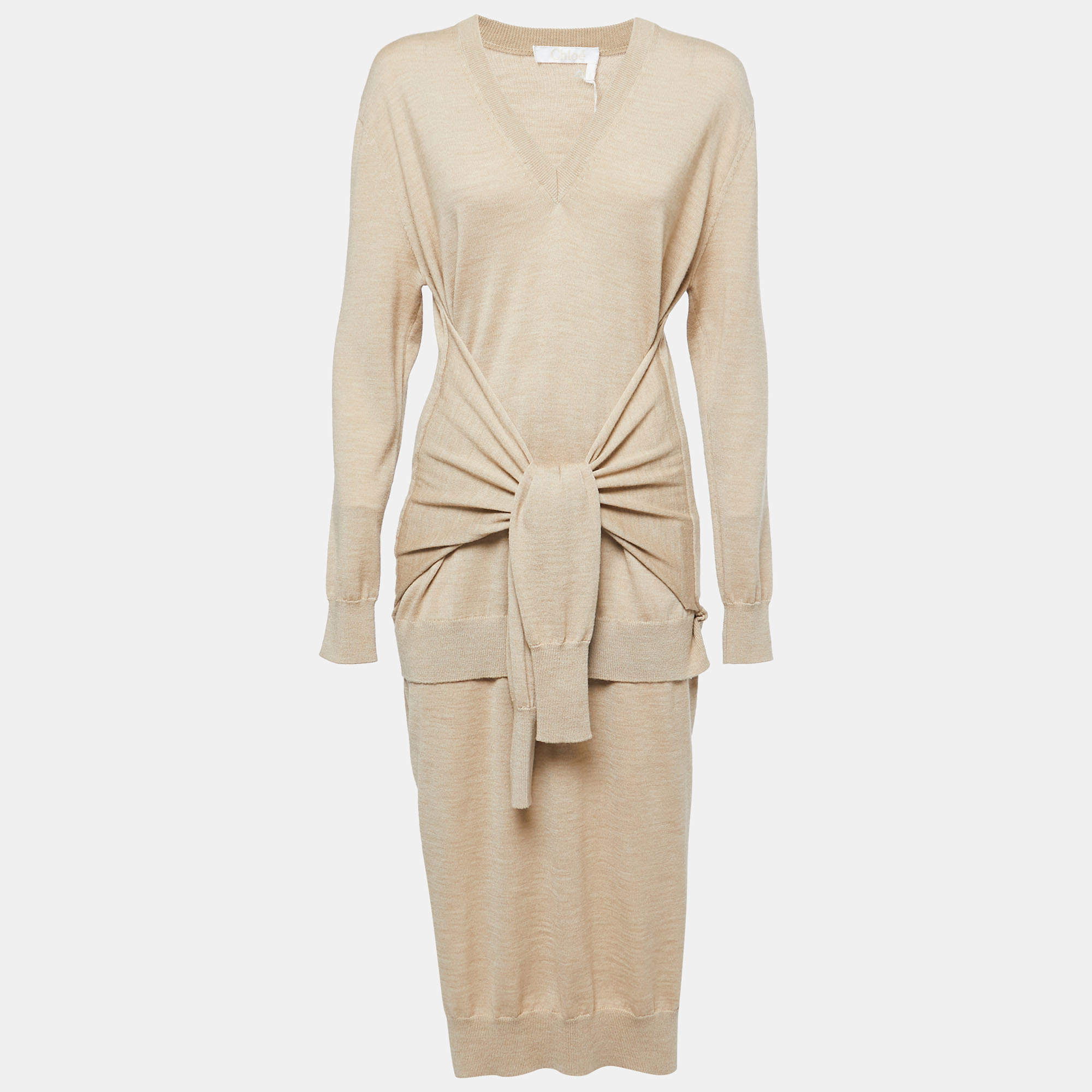 Pre Owned Chloe Seed Brown Wool V Neck Sweater Midi Dress S