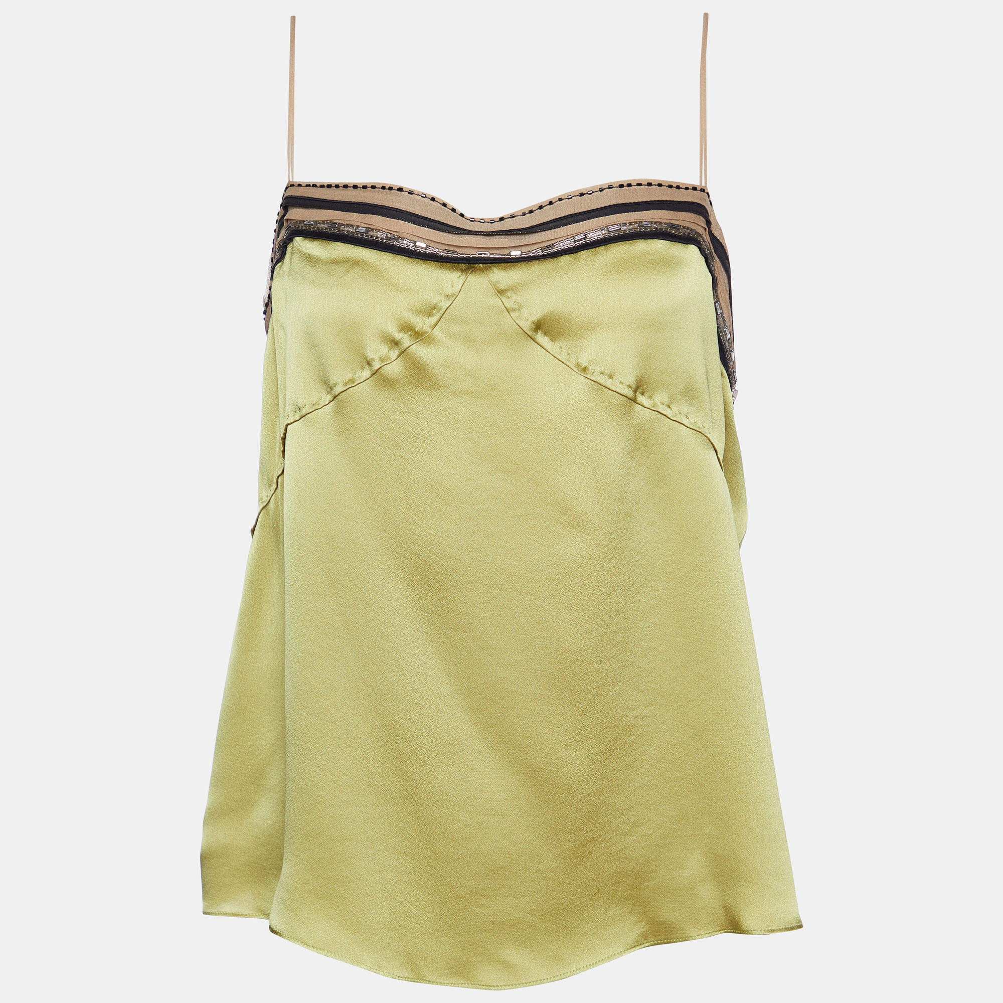 Pre Owned Chloé Green Satin Silk Embellished Detail Cami Top L