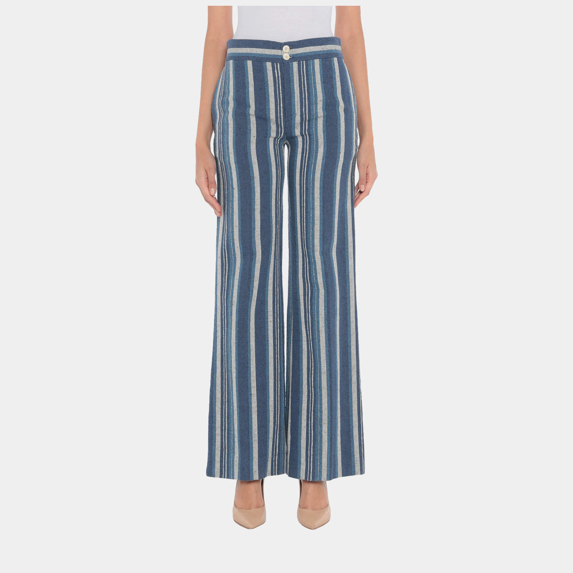 Pre Owned Chloe Blue/Beige Striped Cotton Pants Size 34