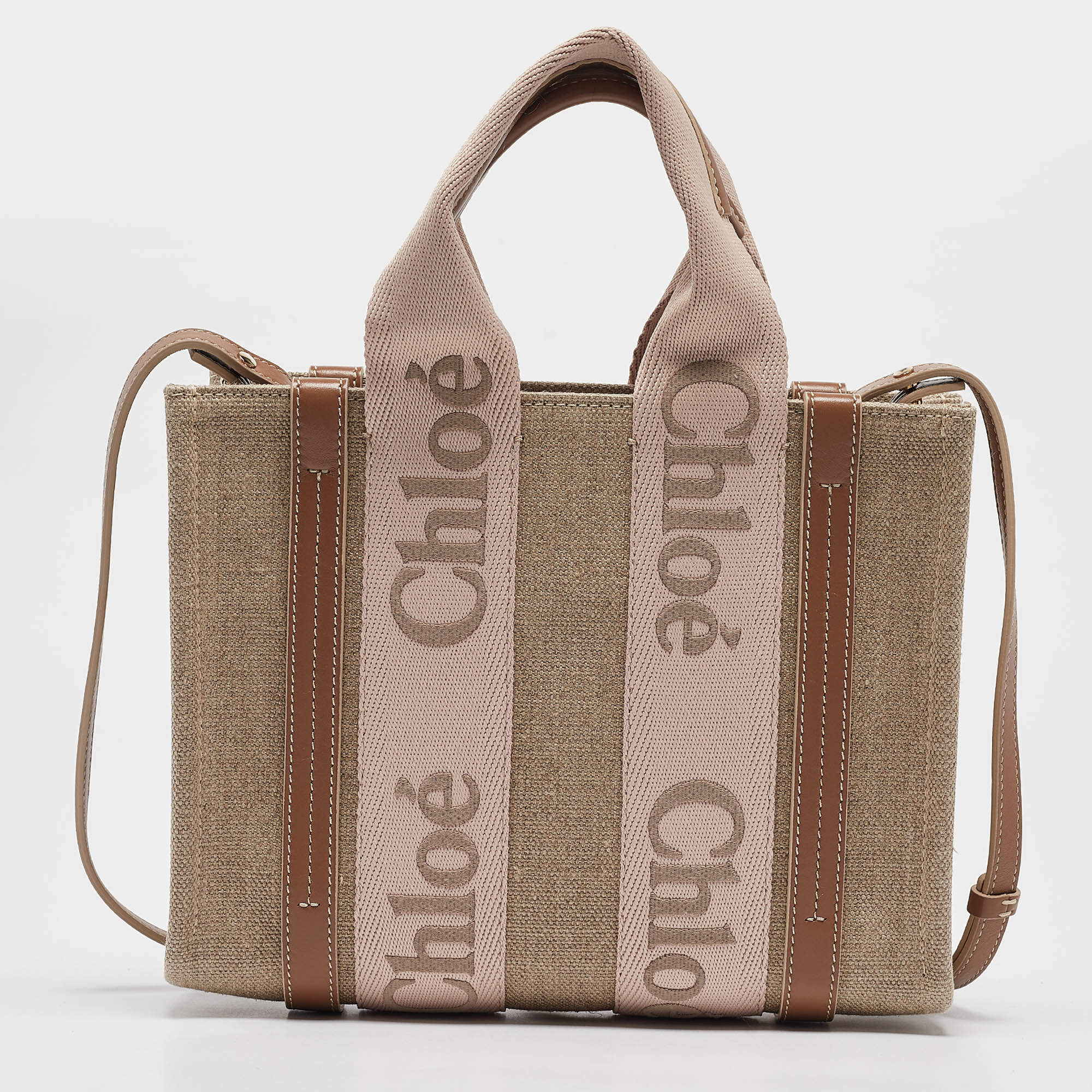 Pre Owned Chloe Beige/Light Pink Canvas and Leather Small Woody Tote