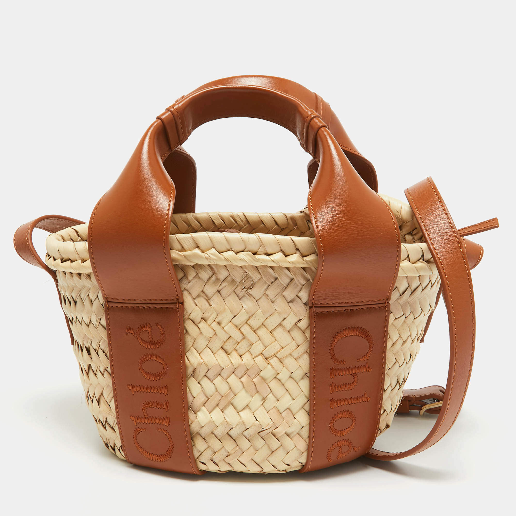 Chloé  Brown/Cream Woven Raffia and Leather Small Sense Basket Bag