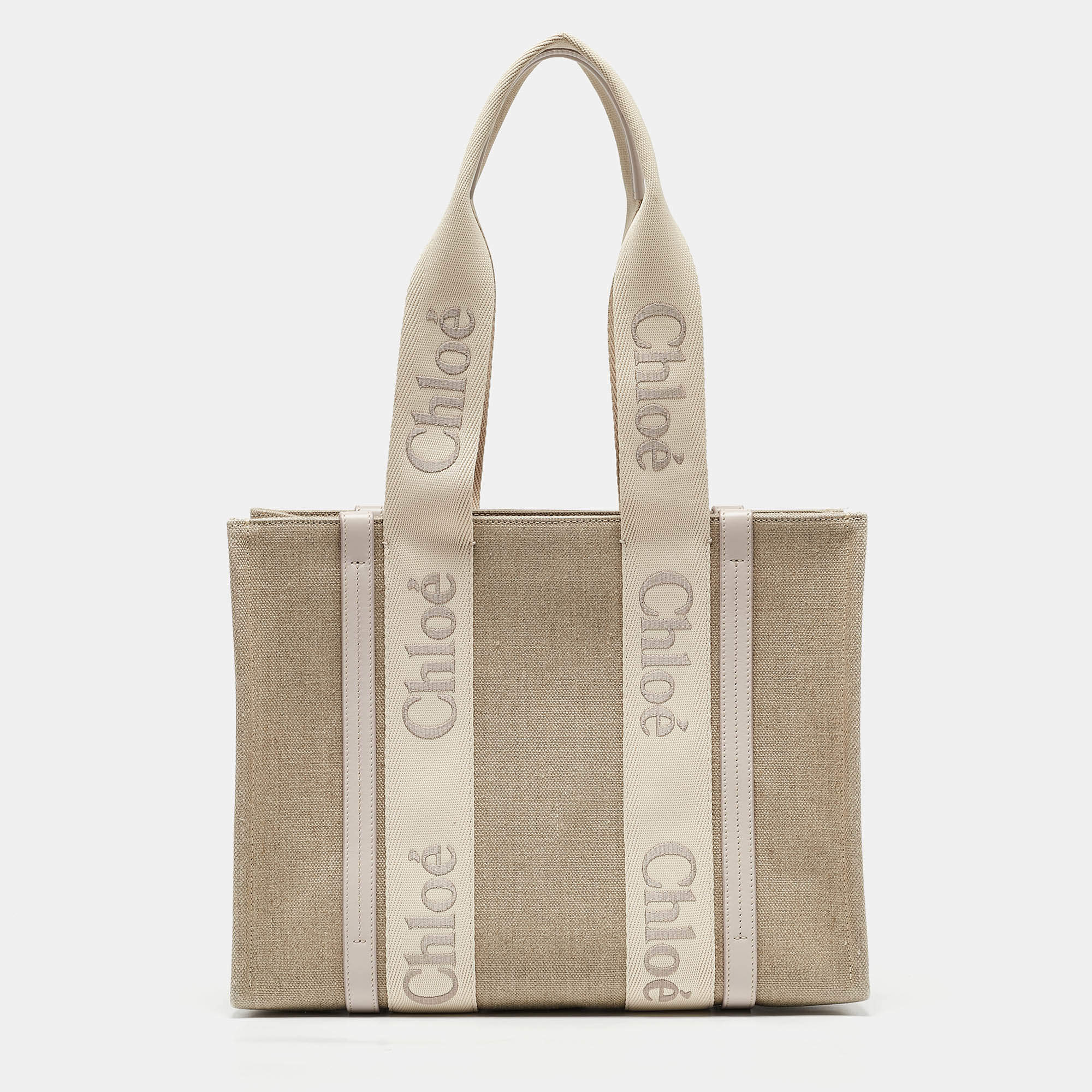 Pre Owned Chloe Beige/Cream Canvas and Leather Medium Woody Tote