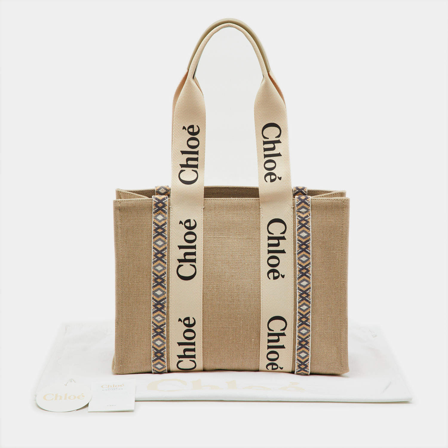 Pre Owned Chloé Beige/Slate Green Canvas Medium Woody Ribbon Tote