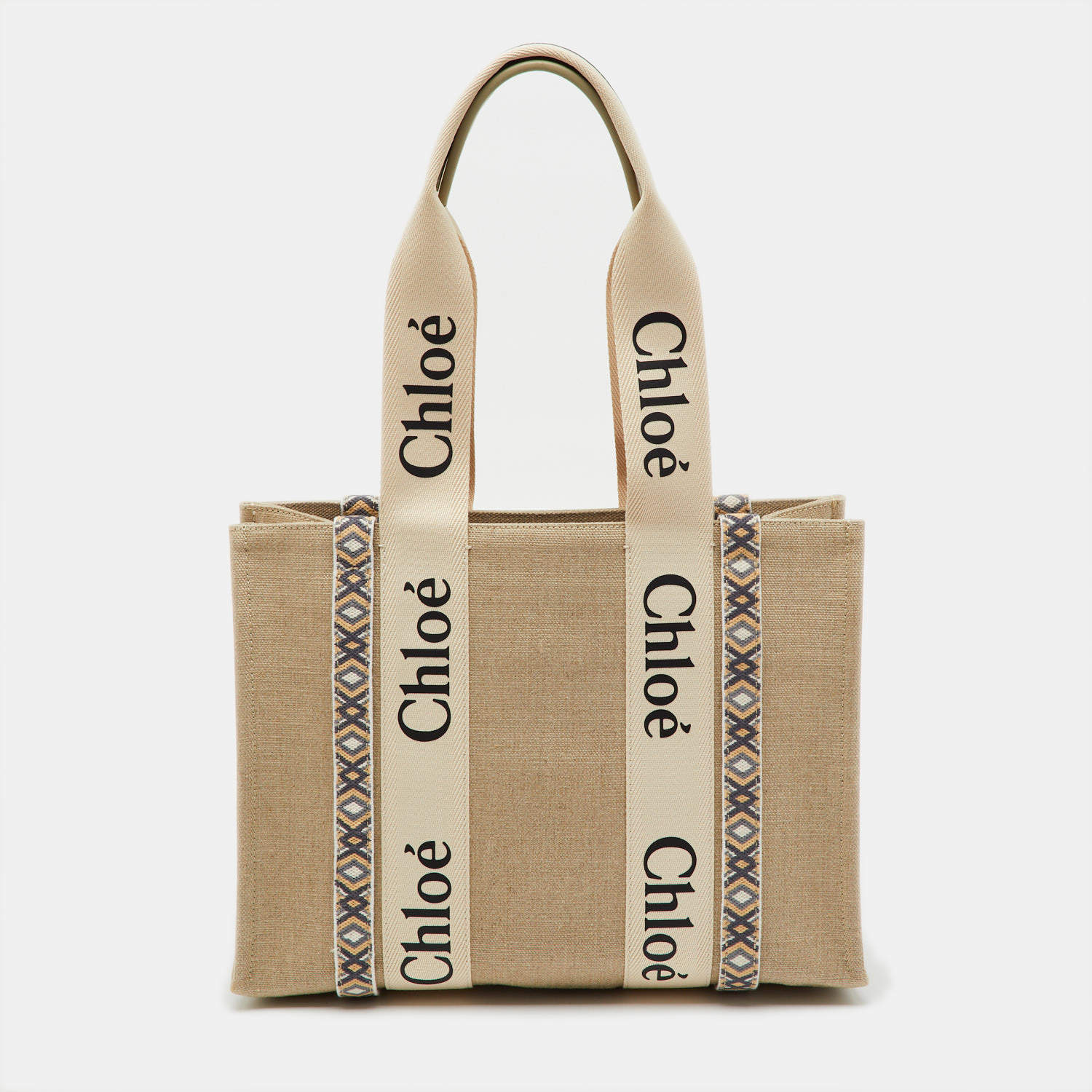 Pre Owned Chloé Beige/Slate Green Canvas Medium Woody Ribbon Tote