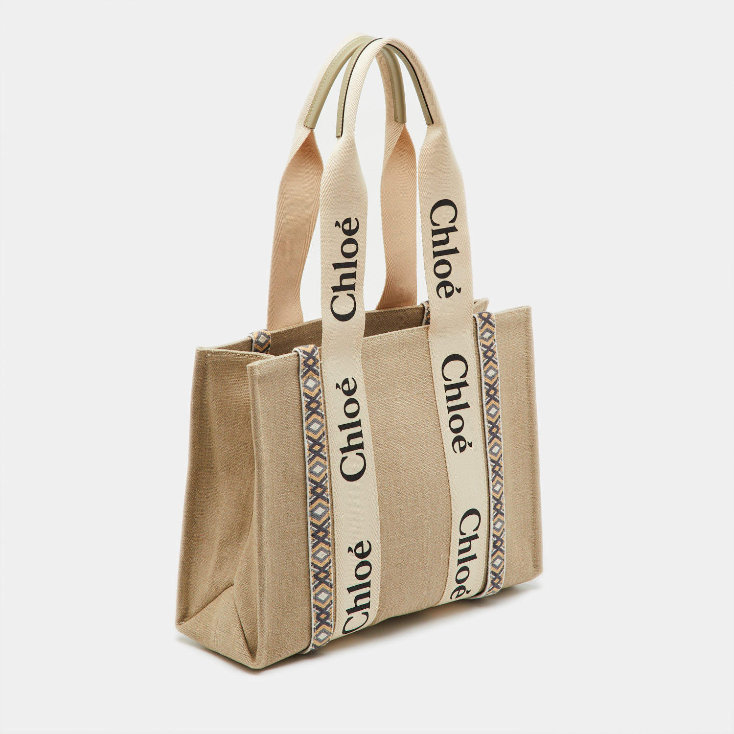 Pre Owned Chloé Beige/Slate Green Canvas Medium Woody Ribbon Tote