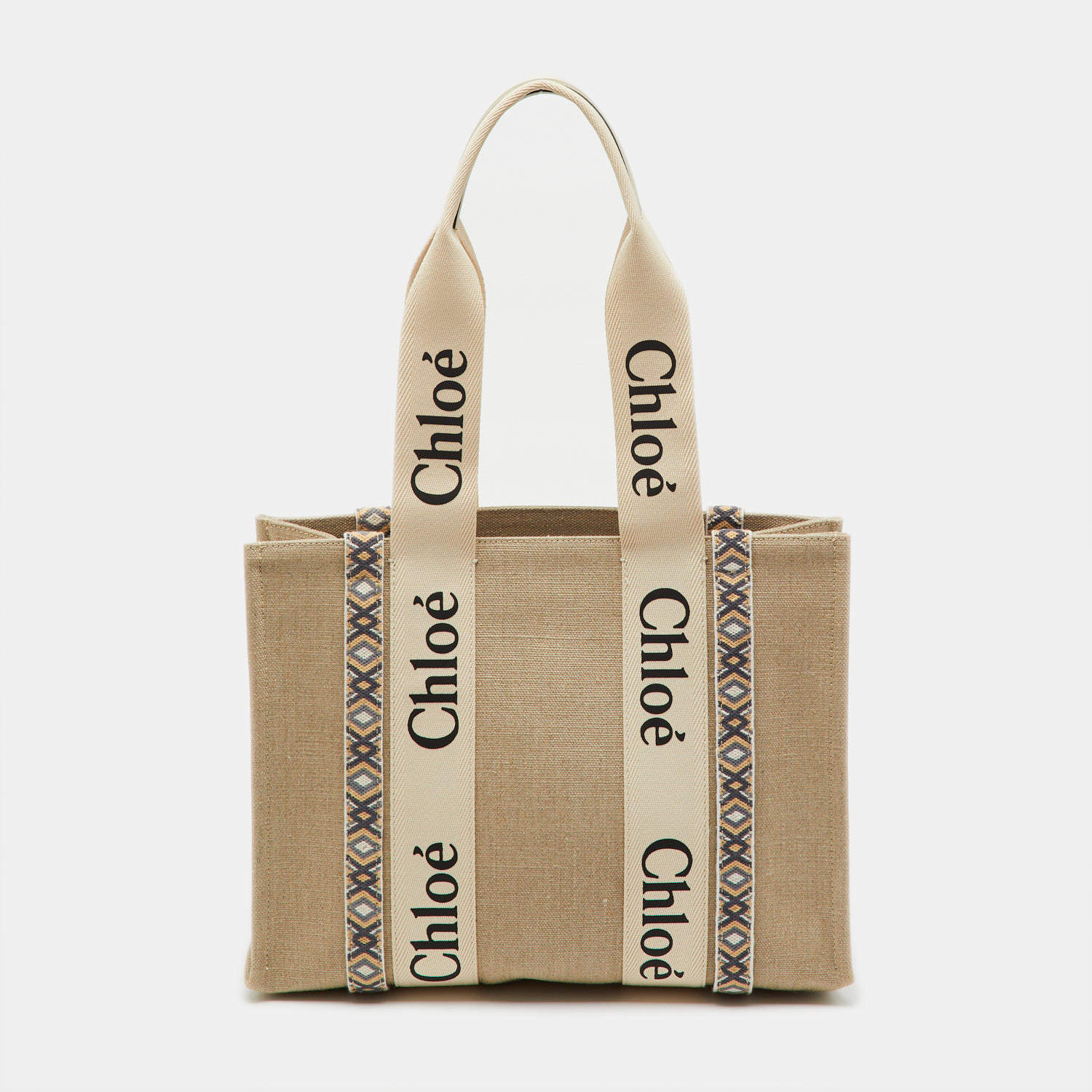 Pre Owned Chloé Beige/Slate Green Canvas Medium Woody Ribbon Tote