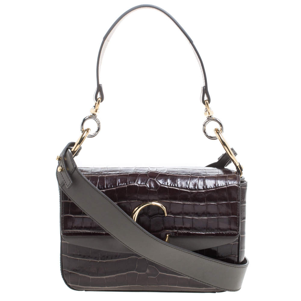 Pre Owned Chloe Two Tone Brown Croc Embossed Leather C Top Handle Bag