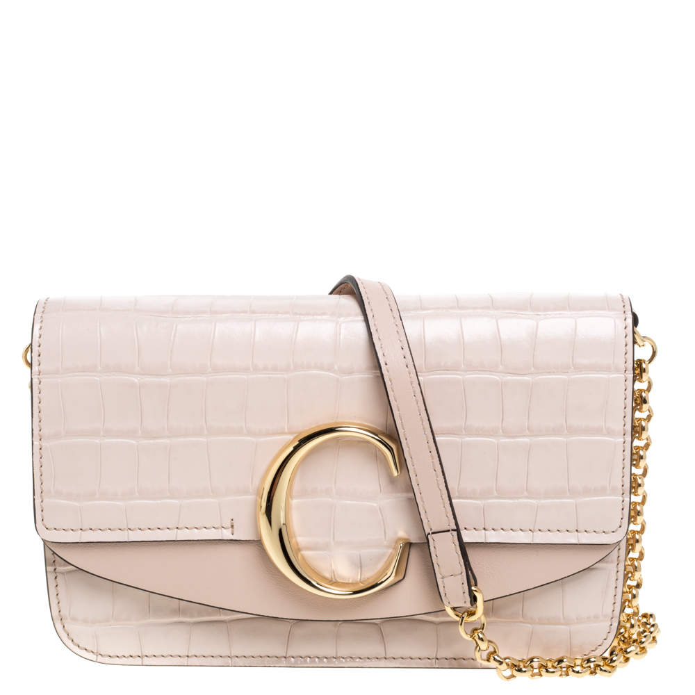 Pre Owned Chloe Pink Croc Embossed Leather Small C Double Carry Shoulder Bag