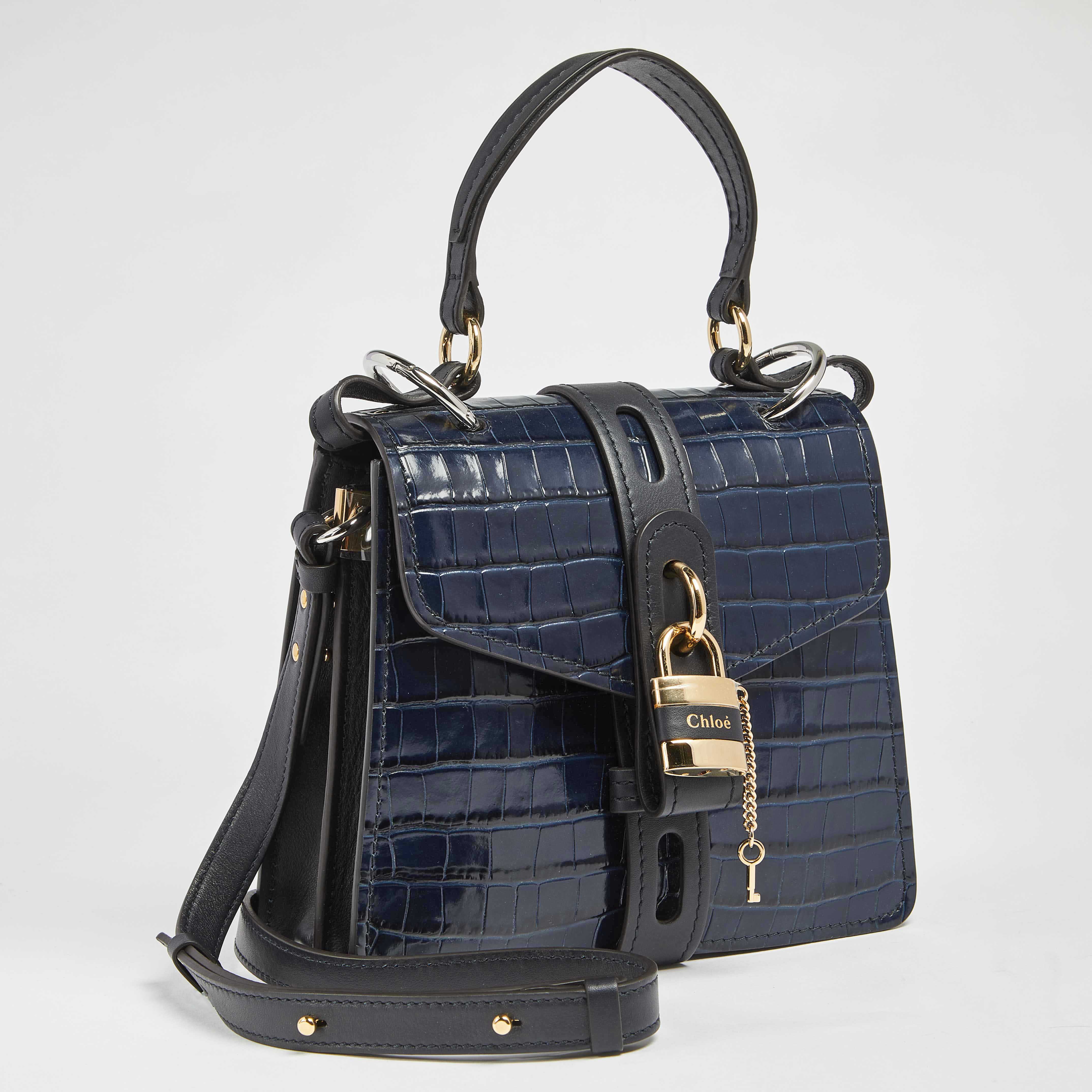 Chloe Navy Blue/Black Croc Embossed and Leather Small Aby Lock Bag