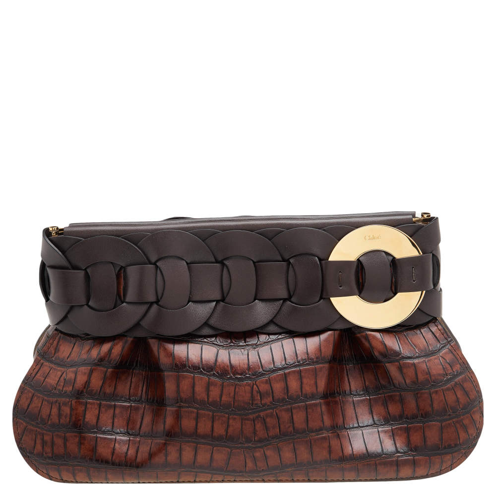 Pre Owned Chloe Brown Croc Embossed Leather Darryl Clutch