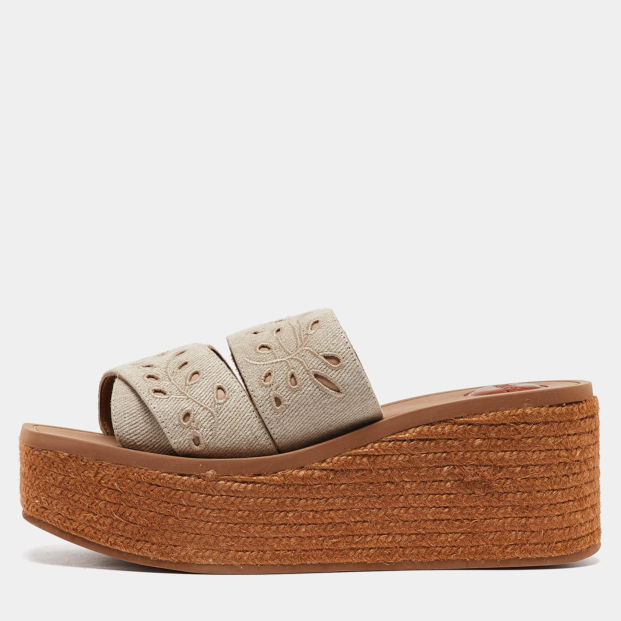 مملوكة مسبقًا Chloe Grey Denim Woody Espadrille Flats Size 40